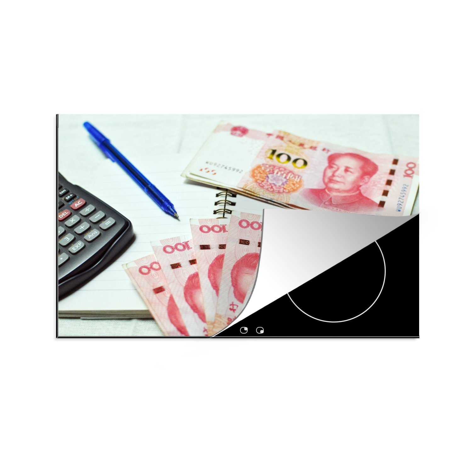 MuchoWow Herdblende-/Abdeckplatte Chinesisches Renminbi-Geld auf einem Notizblock, Vinyl, (1 tlg), 81x52 cm, Induktionskochfeld Schutz für die küche, Ceranfeldabdeckung
