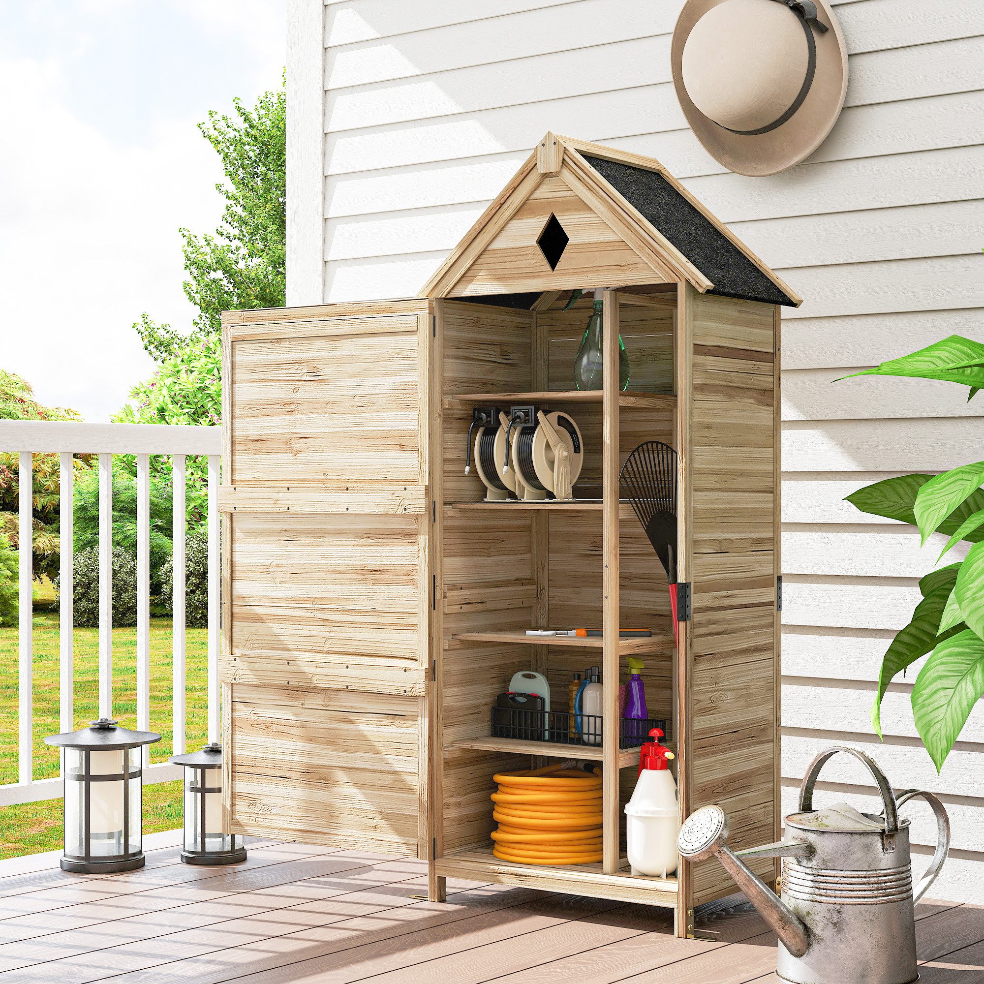 furnicato Garten-Geräteschrank Wetterfester Gartenschrank 80L x 49B x 170H cm Naturholz, BxT: 49x80 cm, Gartenschuppen mit 4 Regalböden und wasserdichtem Asphalt-Dach