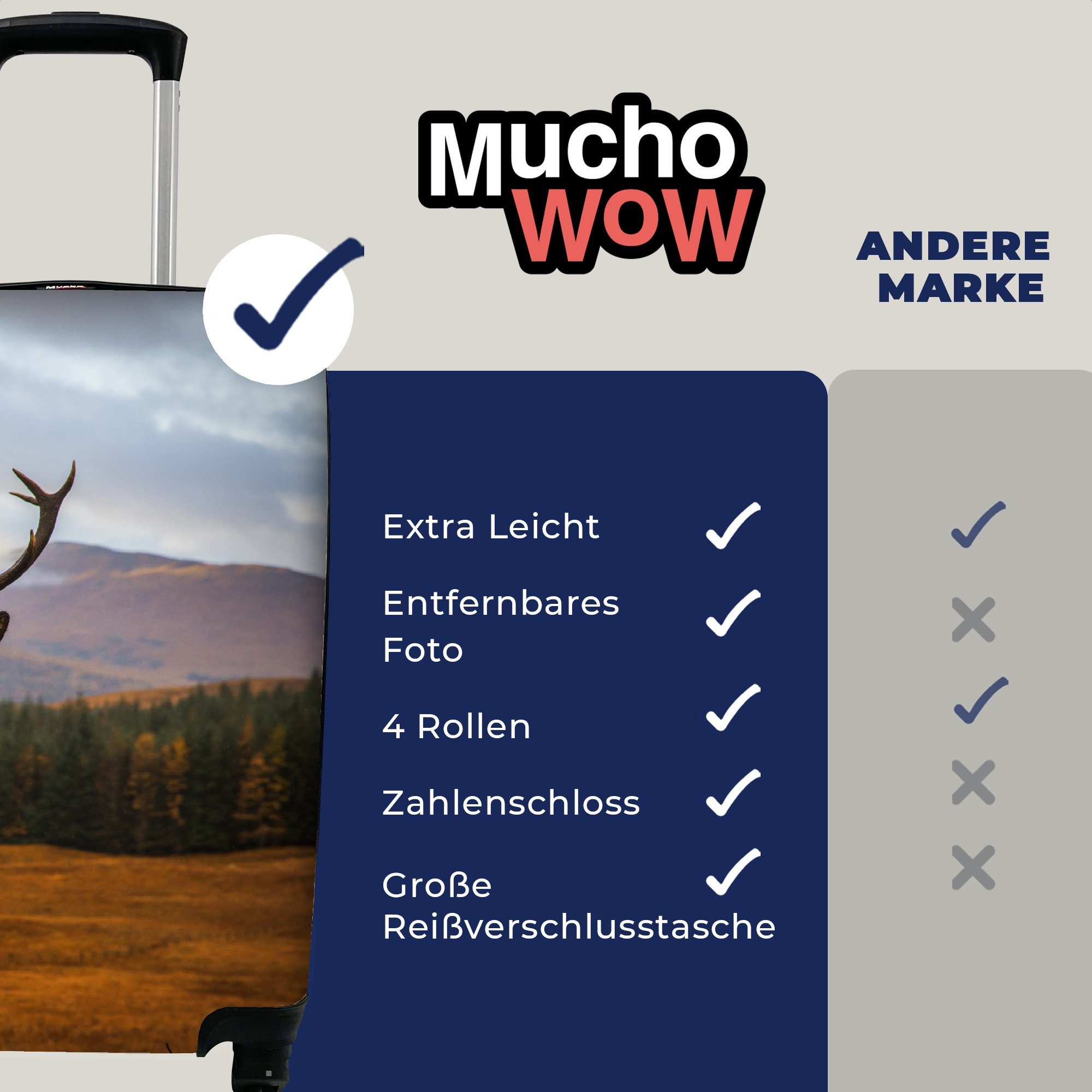 MuchoWow Handgepäckkoffer Hirsche Trolley, - für Landschaft 4 Reisetasche Bäume, Berge Handgepäck - - Tiere Reisekoffer - rollen, - Wasser Rollen, mit Ferien