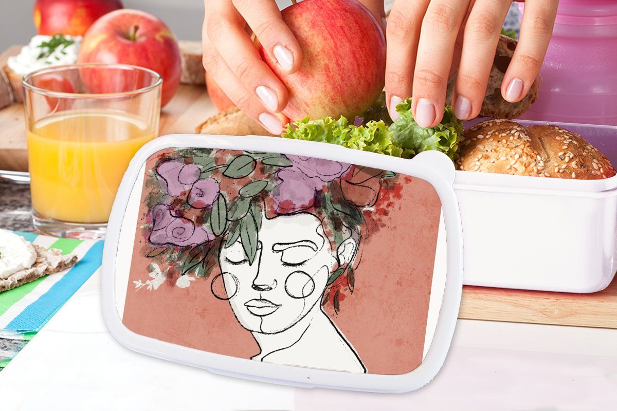 Mädchen Kunststoff, Blumen Jungs Lunchbox Frau weiß - Brotbox Porträt und für und MuchoWow (2-tlg), - Erwachsene, Pastell, - Brotdose, für Kinder