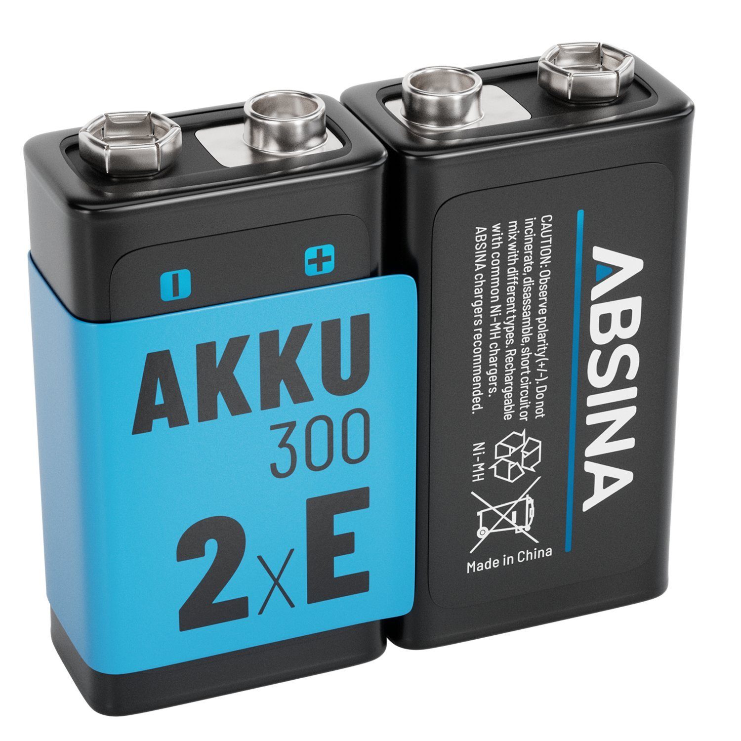 ABSINA 2x 9V Akku Block wiederaufladbar 300 mit geringer Selbstentladung Akku