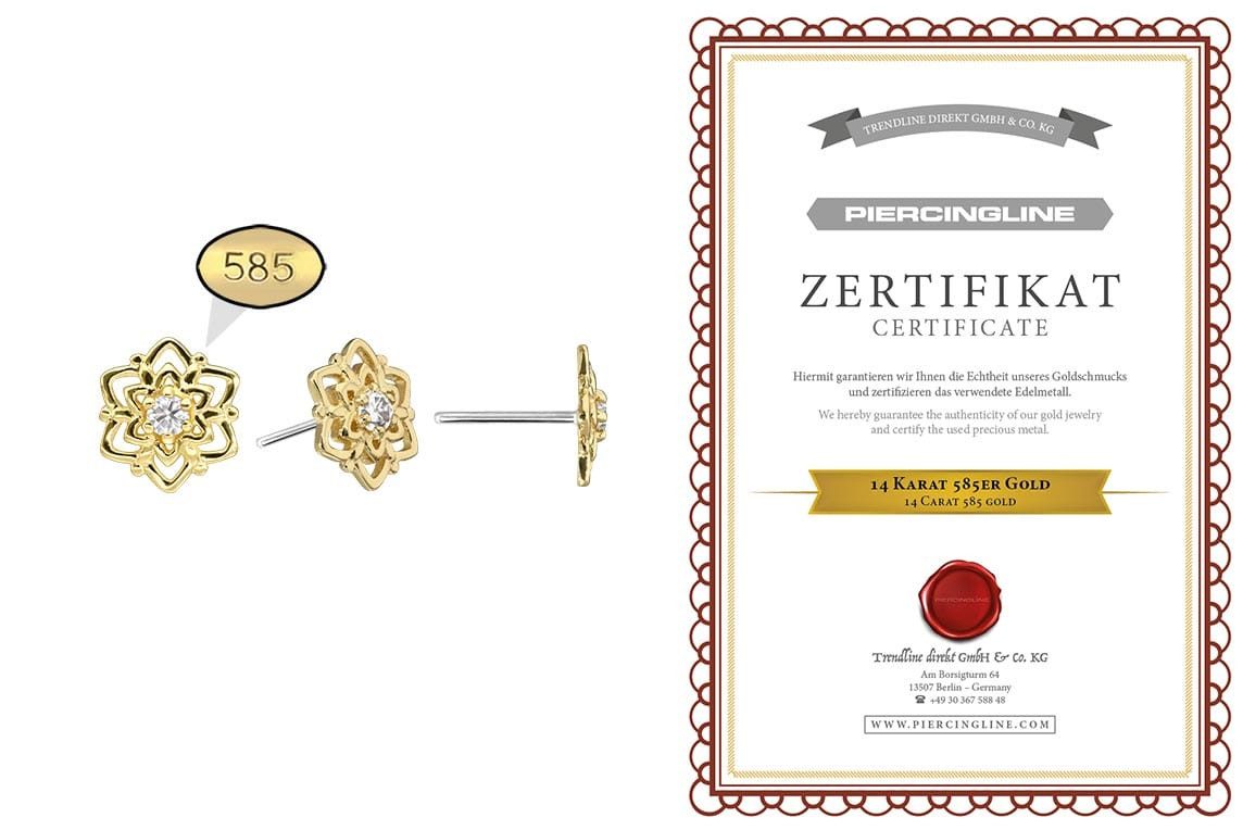 PIERCINGLINE Piercing-Set 14 Karat Gold Aufsatz mit Titan Push Pin MOISSANIT + BLUME (Push Pins, 1-tlg)