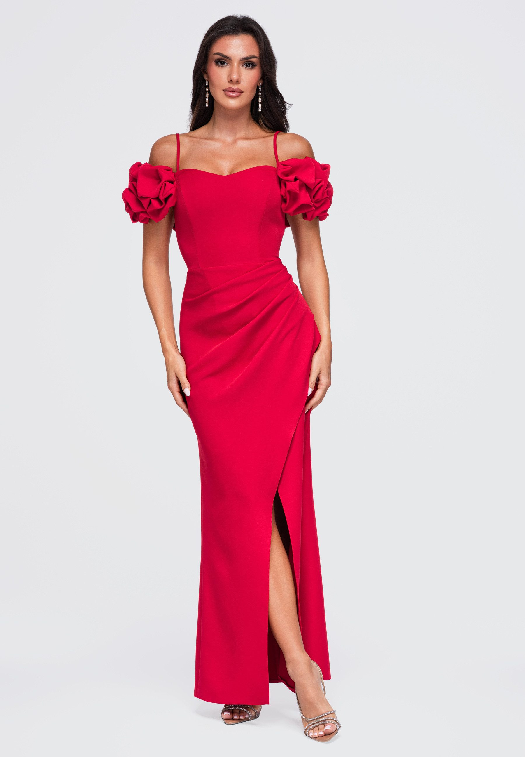 OMBRE Abendkleid Abendkleid figurbetont elegant mit abnehmbaren Trägern Rot S (kein Set, 1-tlg) in Unifarbe