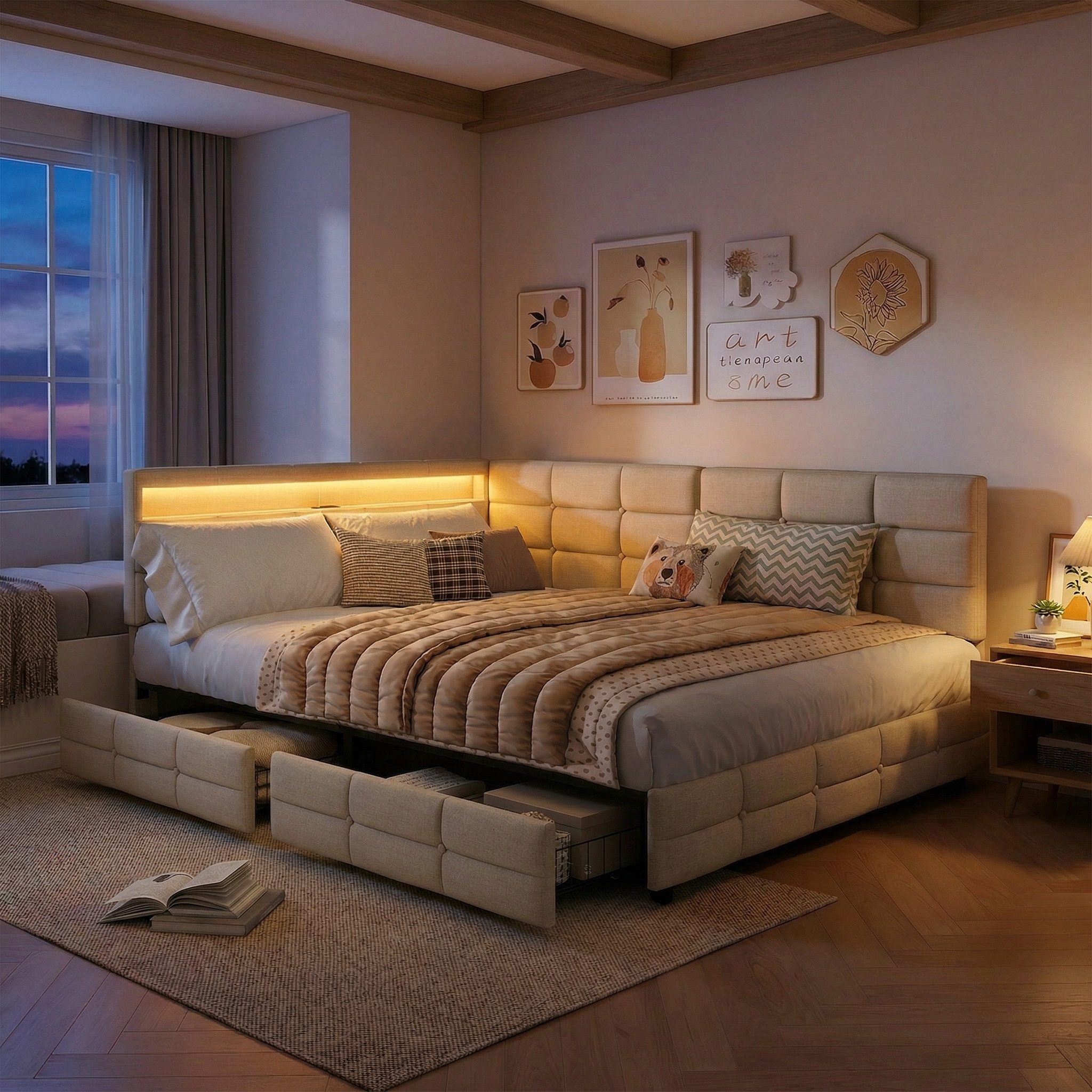 PXloue Polsterbett Daybett Tagesbett (Doppelbett,Kopfteil links oder rechts montierbar), Schlafsofa,2 Schubladen, Mit LED und USB-Ladeanschluss,140x200 cm
