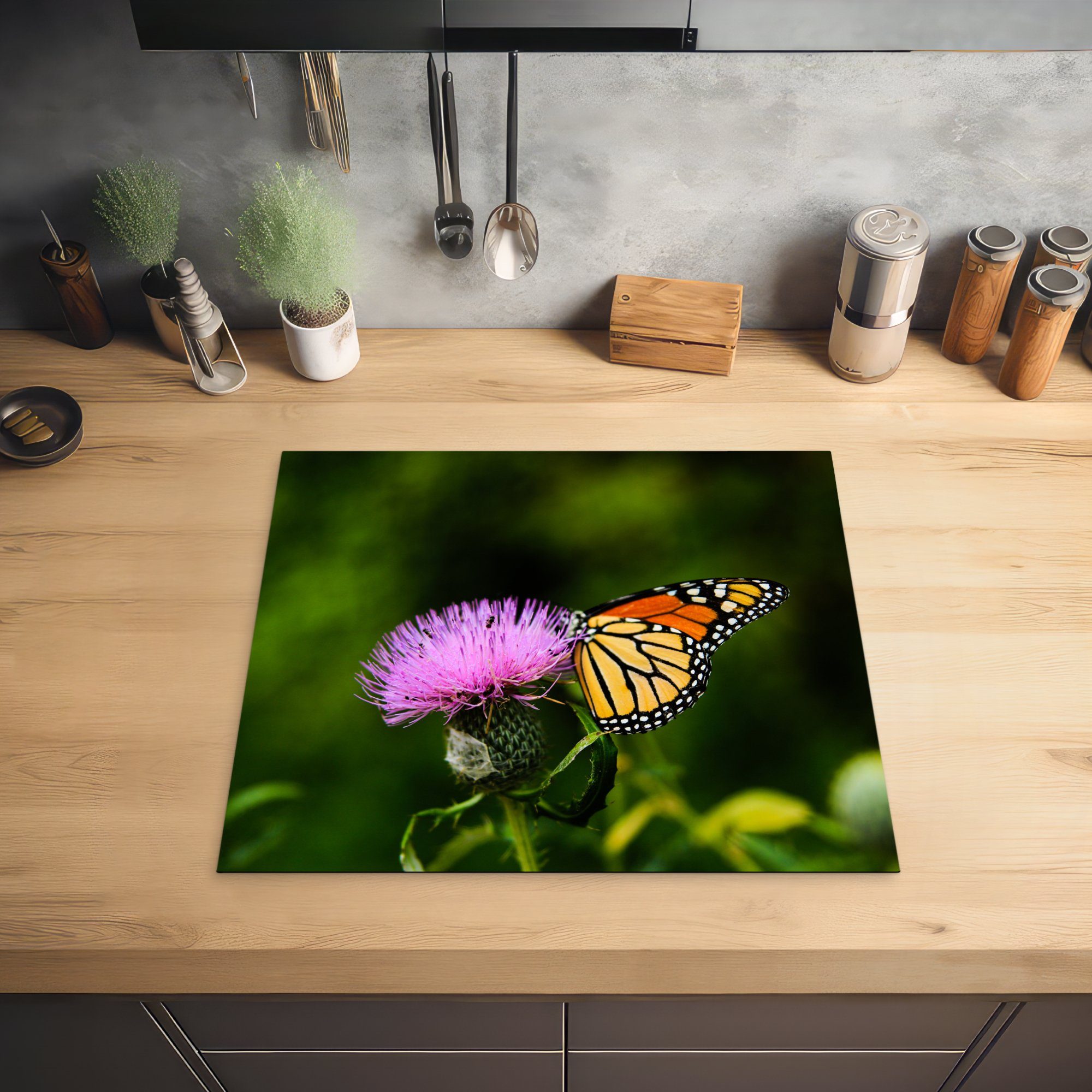 MuchoWow Herdblende-/Abdeckplatte Blumen - Schmetterling - Arbeitsfläche Makro, 60x52 cm, Vinyl, nutzbar, (1 Ceranfeldabdeckung tlg), Mobile