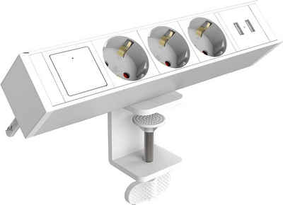Super Solu Tischsteckdosenleiste mit Schalter /3-Fach und 2 USB Mehrfachsteckdose Steckdosenleiste 3-fach (Ein- / Ausschalter, Übersapannungschutz, Kabellänge 1.8 m), Weiß, Bewegliche Schiebeschiene mit Metall Desktop Clip