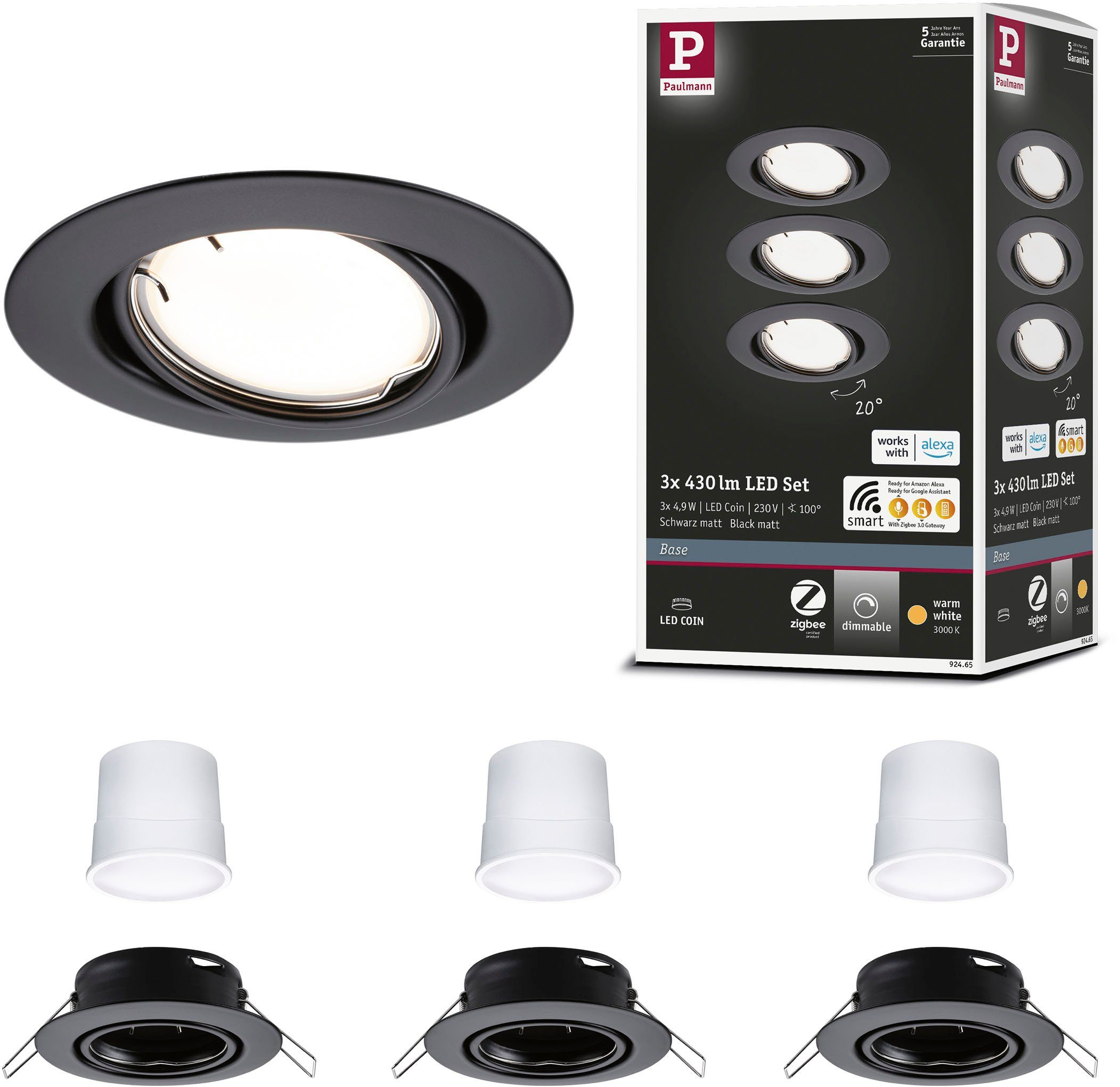 3x430lm Schwarz Base Basisset Zigbee LED matt, 230V integriert, Warmweiß, Paulmann fest LED Einbauleuchte