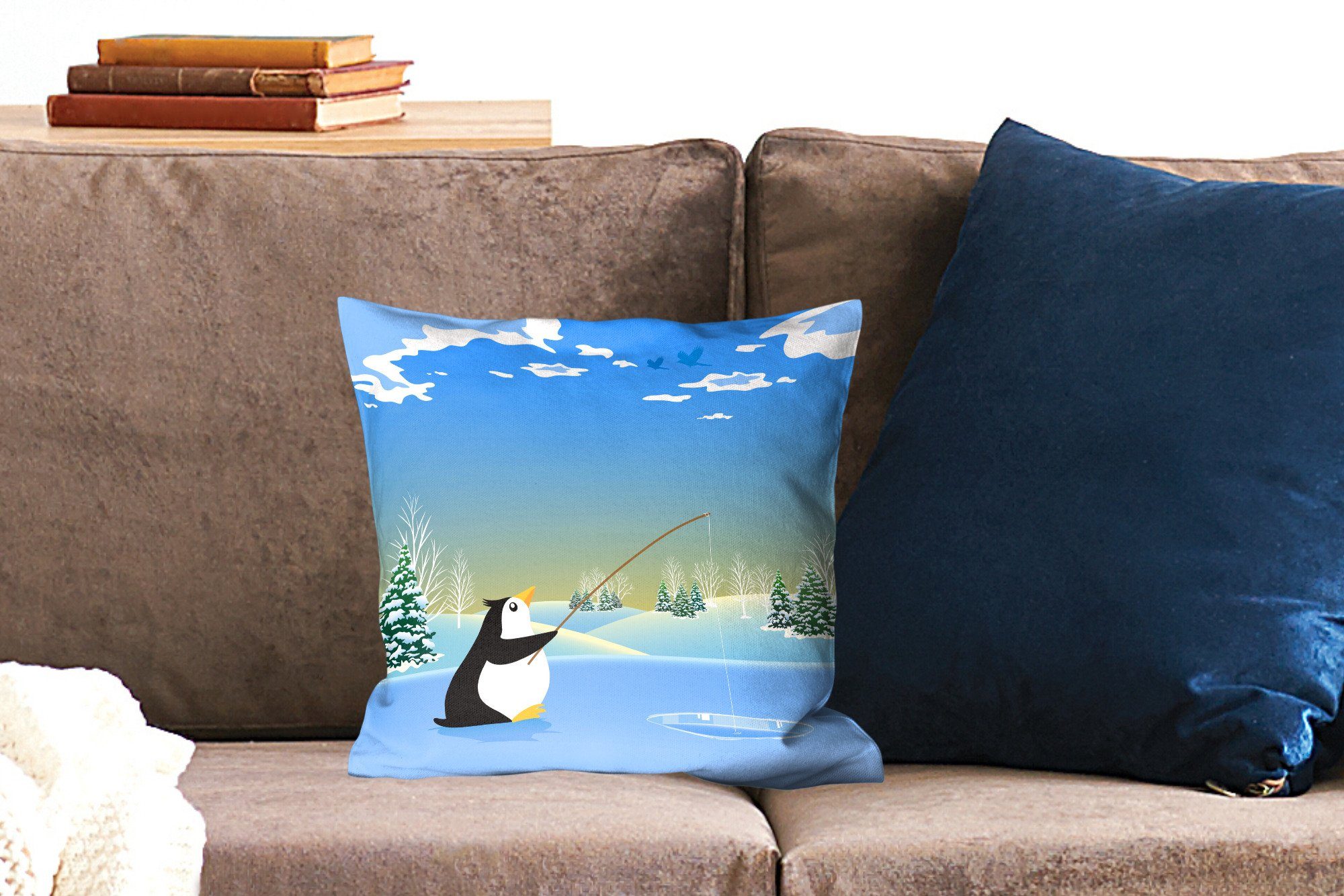 Pinguins, Illustration Zierkissen Schlafzimmer, mit fischenden für MuchoWow Deko, Wohzimmer, eines Sofakissen Dekokissen Füllung