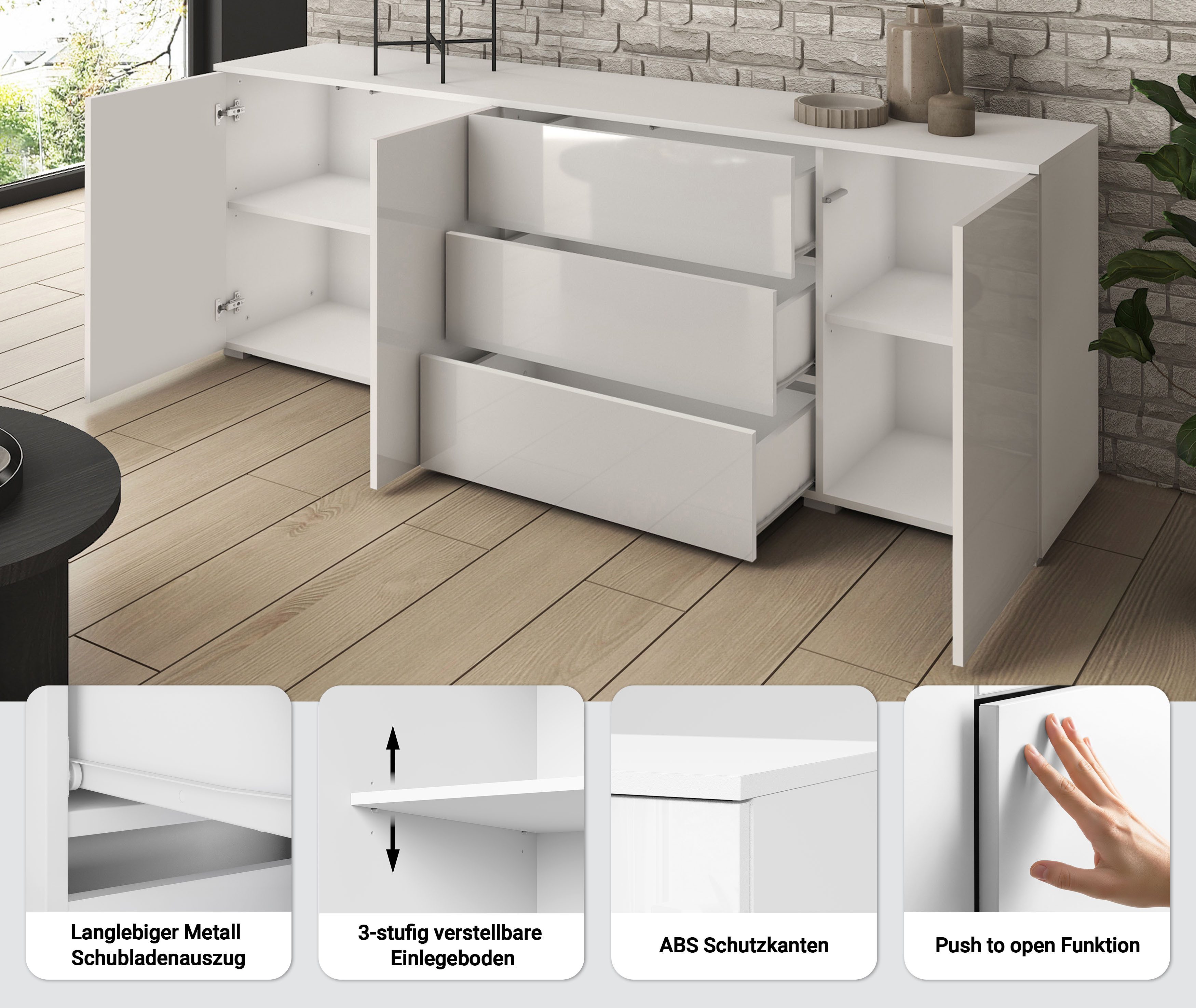 INOSIGN Sideboard PARIS (1 St), Moderne 190cm breite grifflose Kommode, vielseitig einsetzbar