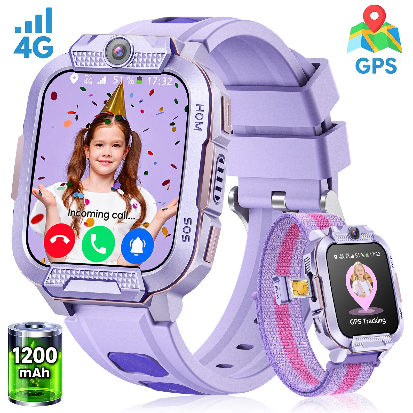 Whraills 2026 4G Kinder Smartwatch mit GPS Telefon Video SOS für Jungen Mädchen Smartwatch 4-fache Ortung (GPS, WLAN, LBS, AGPS), Sicherheitszonen, Eltern App, Schulmodus, 1,93 Zoll Display, IP68/5ATM Wasserschutz, 1200mAh, Schrittzähler, Spiele und Sprachchat