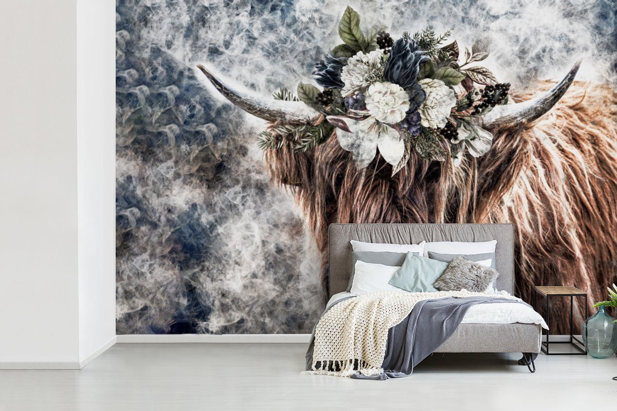 Kinderzimmer, Schlafzimmer, Matt, MuchoWow Schottische - Blumen Tapete für Wallpaper Highlander Fototapete Wohnzimmer, (6 St), bedruckt, Nebel, Vinyl -