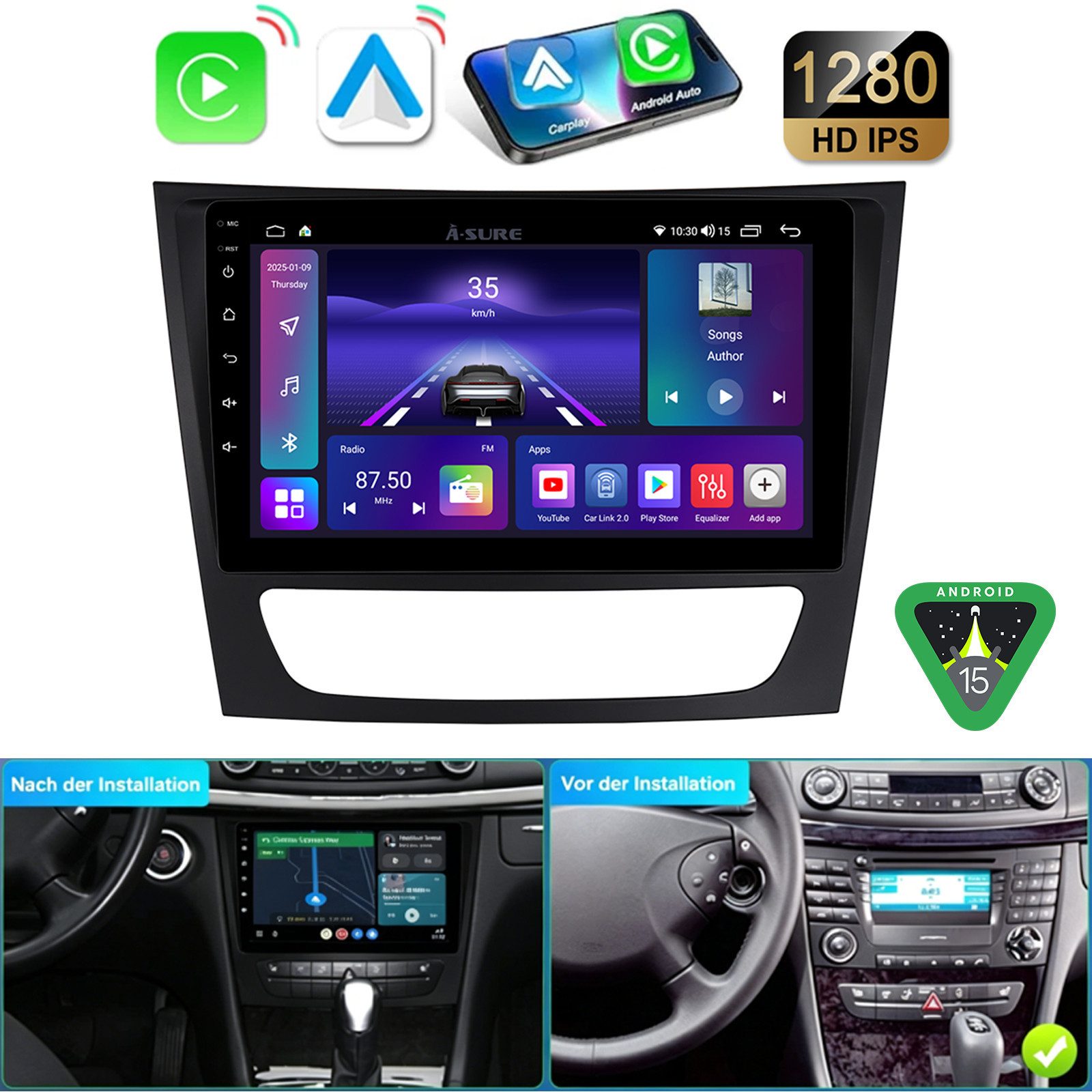A-Sure 9" Carplay Android 15 GPS Navi Für Mercedes E-Klasse W211 W219 Autoradio (DSP, RDS, Android Auto, Digitalradio (DAB), FM, Carplay, WIFI)