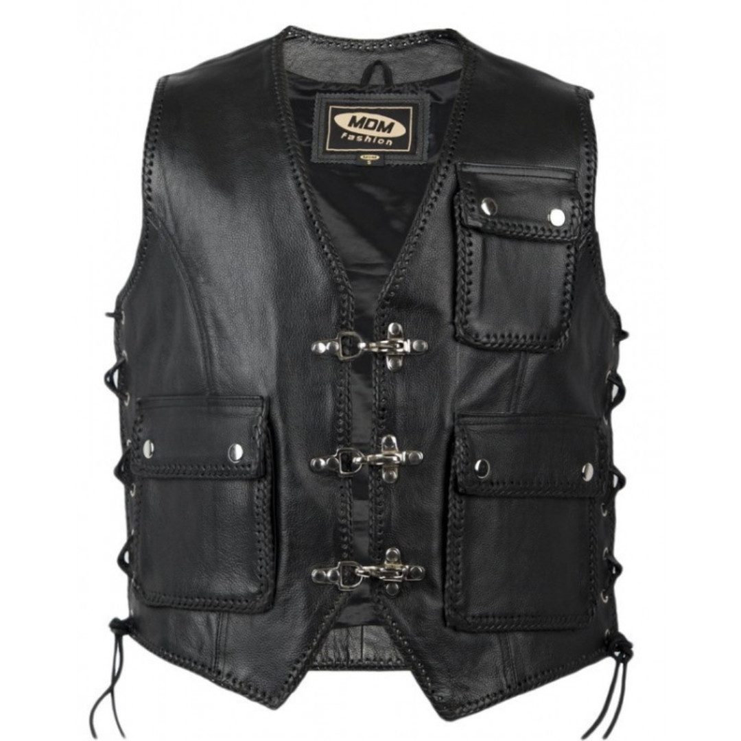 Motorradweste Herren Lederweste Schwarz klassische Bikerweste mit Taschen