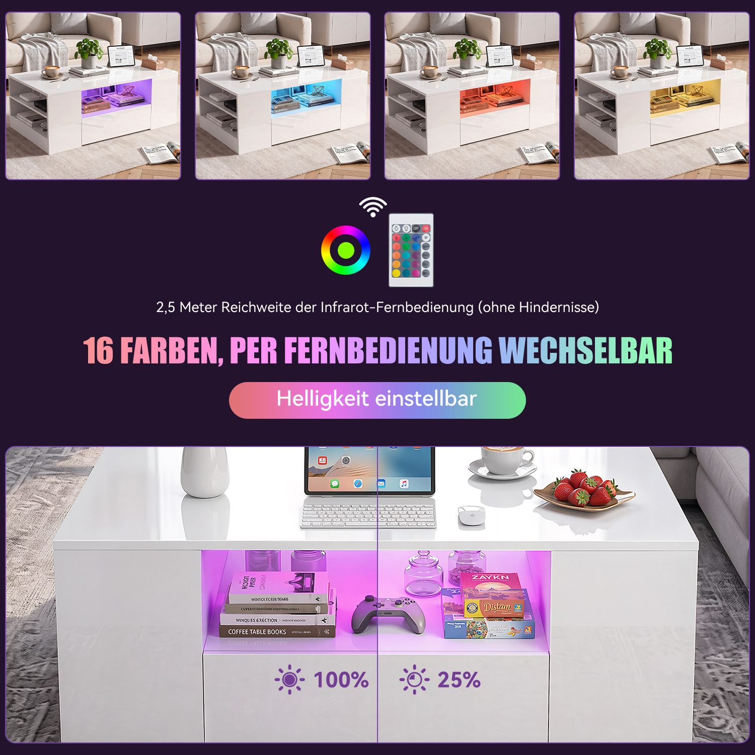 oyajia Couchtisch Hochglanz couchtisch Sofatisch mit LED-Beleuchtung Verstellbare Farben (1-St, Modern Sofatisch Wohnzimmertisch mit 2 Schublade und 2 Regalsofa – Bild 3 von 5