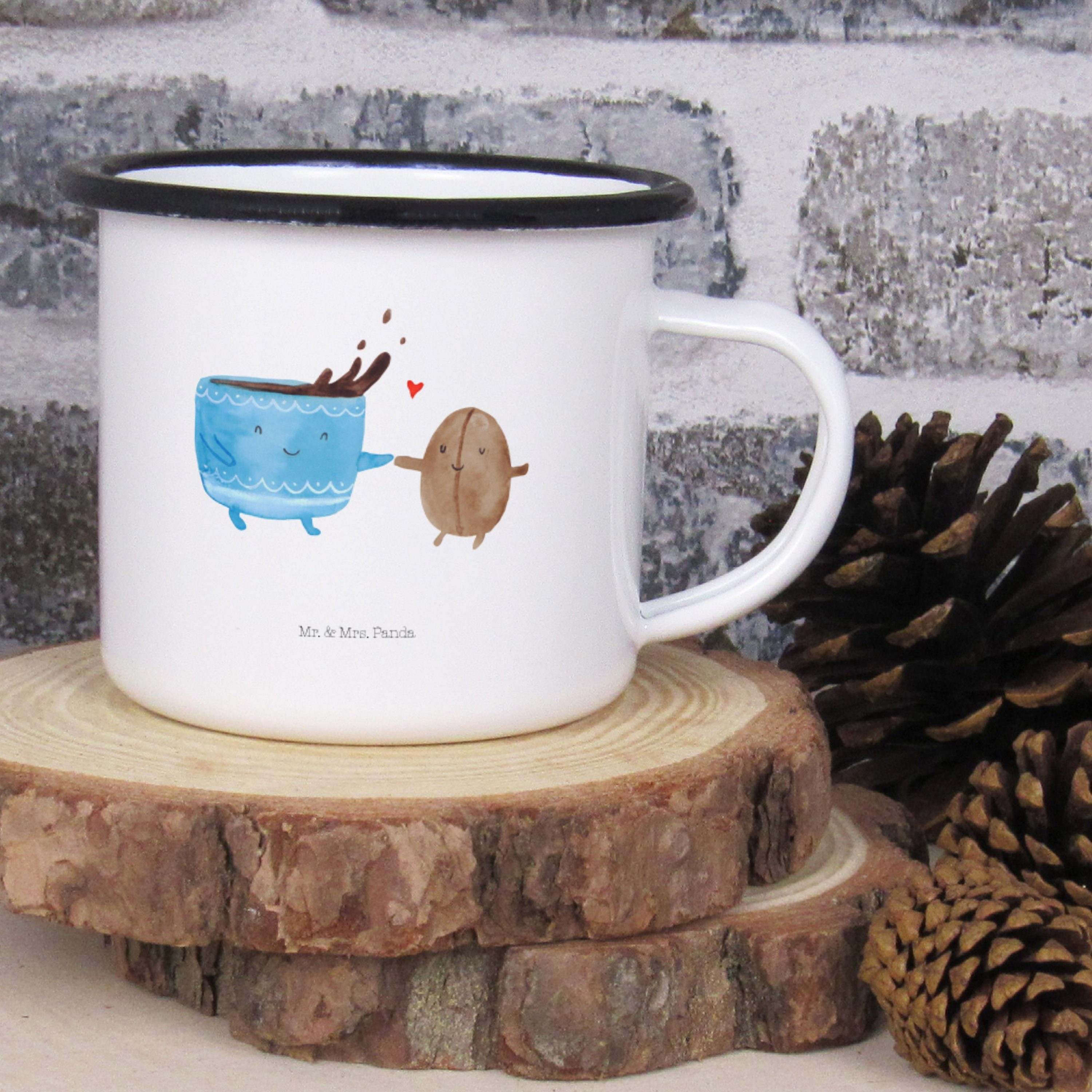 Mr. & Mrs. (1 Kaffee Bohne Panda - Geschenk, Camping, Dekobecher Emaille-Optik St) Outdoor - Weiß Tasse