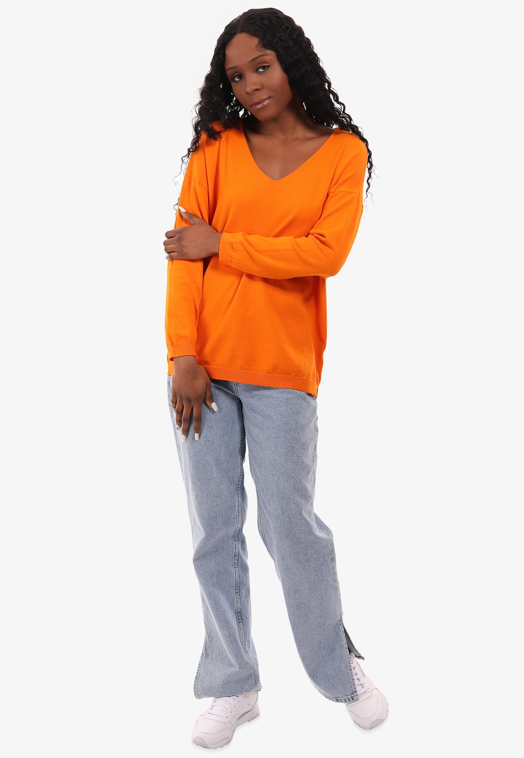 Casual in Feinstrick V-Ausschnitt Pullover Unifarbe, aus & mit YC Style Fashion V-Ausschnitt-Pullover orange