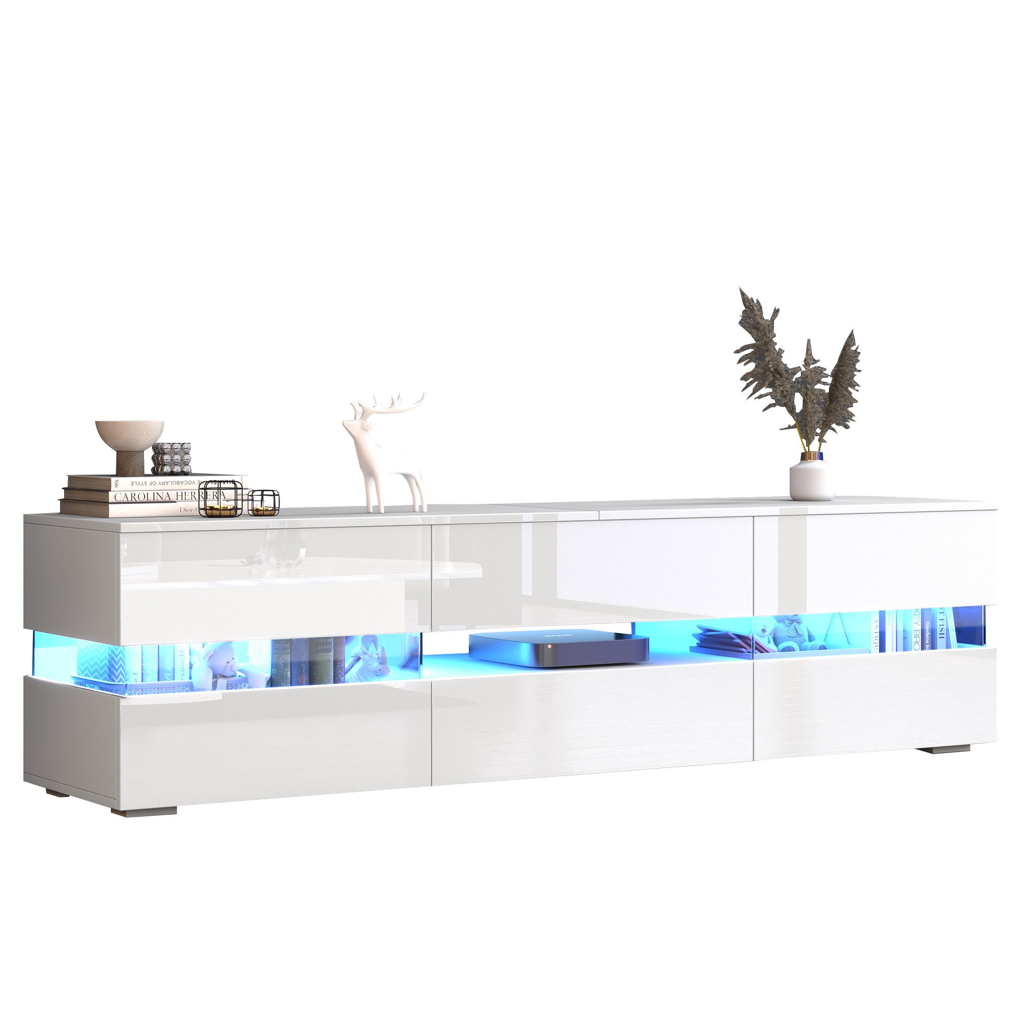 Merax Lowboard Hochglanz mit LED-Beleuchtung & Push-to-Open (für Fernseher bis 70 Zoll, 1 St), TV-Schrank mit 2 Türen, 1 Schublade & Acrylglaseinsatz, 160x39x45cm