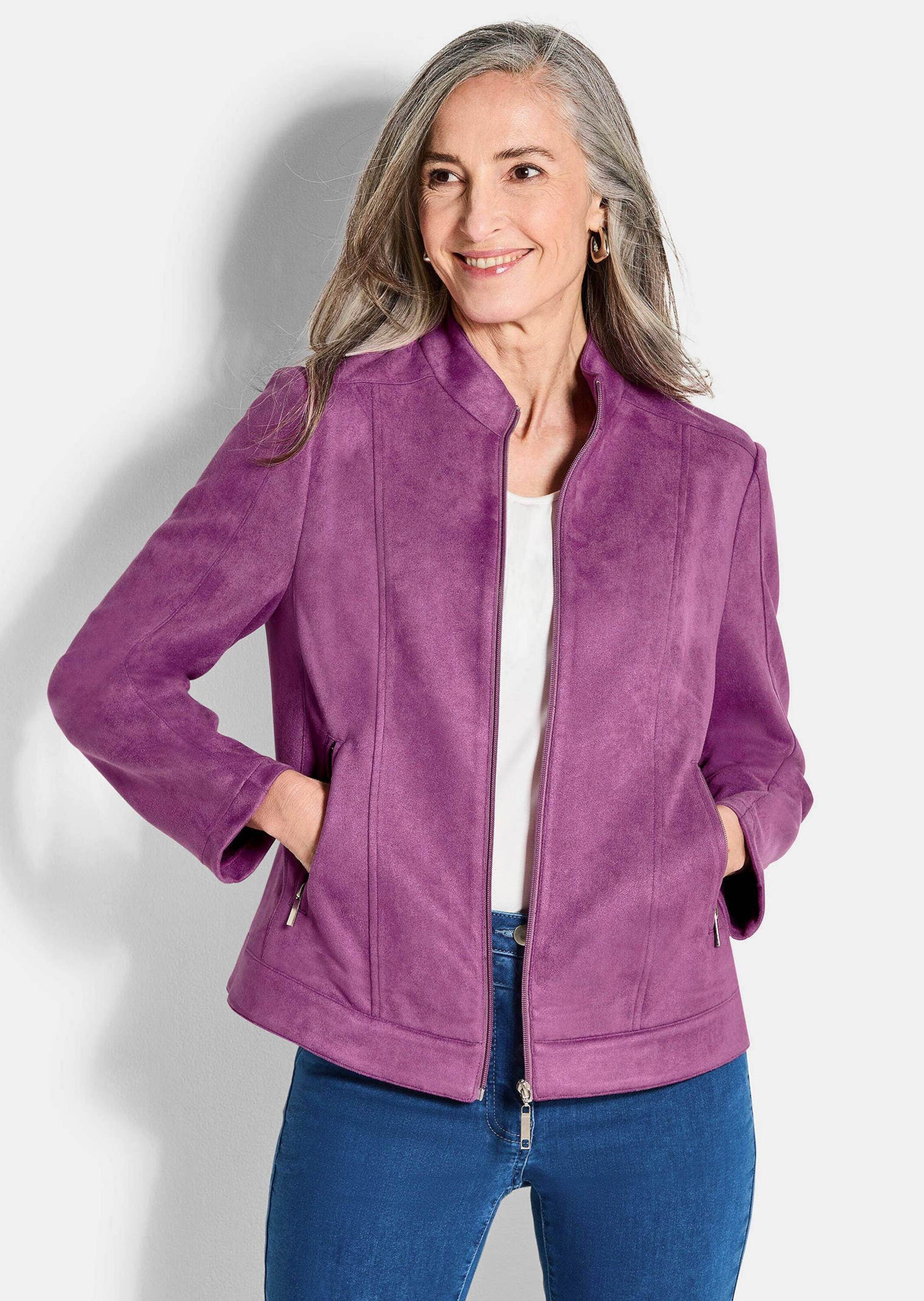 GOLDNER Allwetterjacke Kurzgröße: Elegante Veloursjacke mit Stehkragen Stilvolle Übergangsjacke mit Reißverschluss, Taschen und Langarm