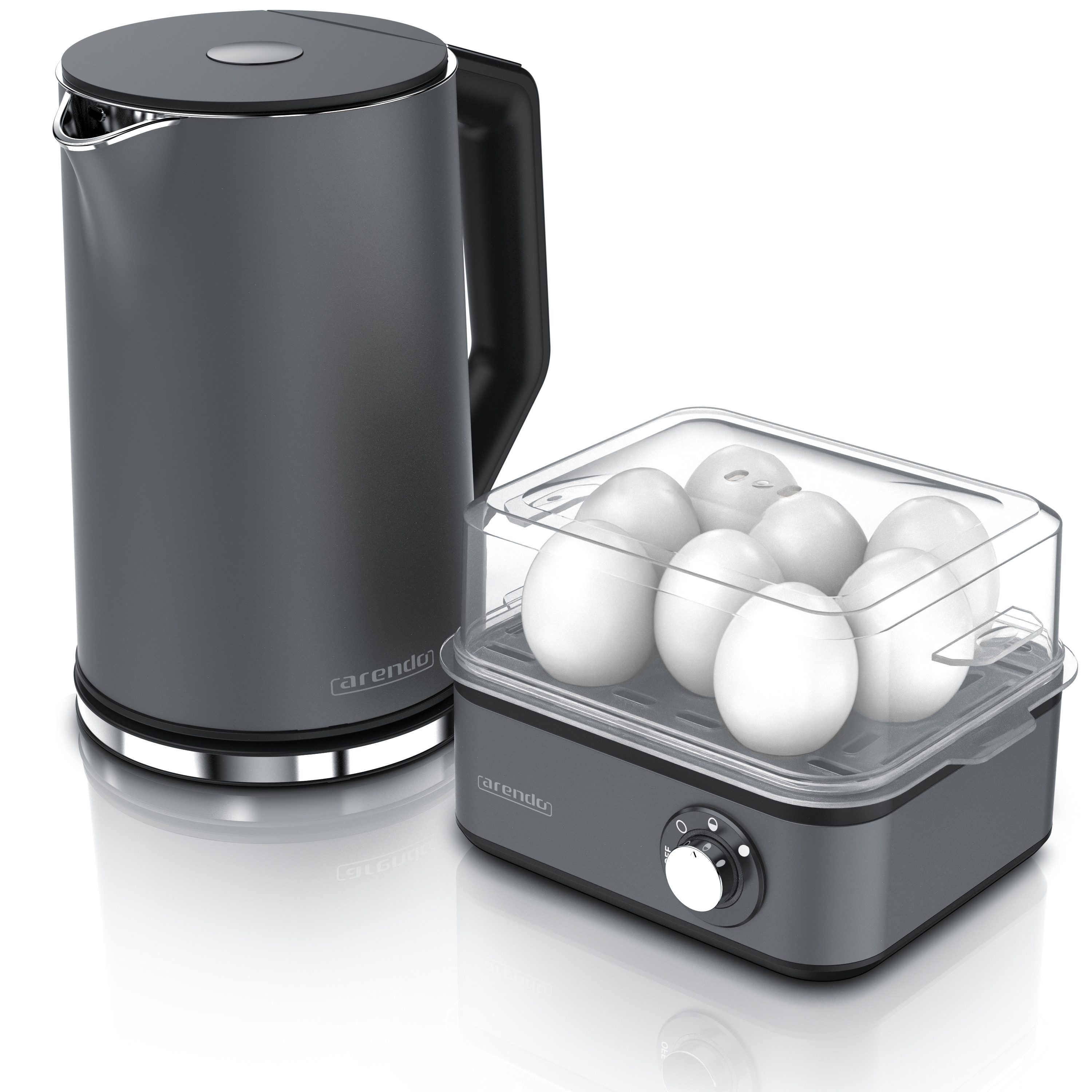 Arendo Frühstücks-Set (2-tlg), Edelstahl Wasserkocher 1,5l mit Temperaturwahl & Eierkocher, Cool Grey