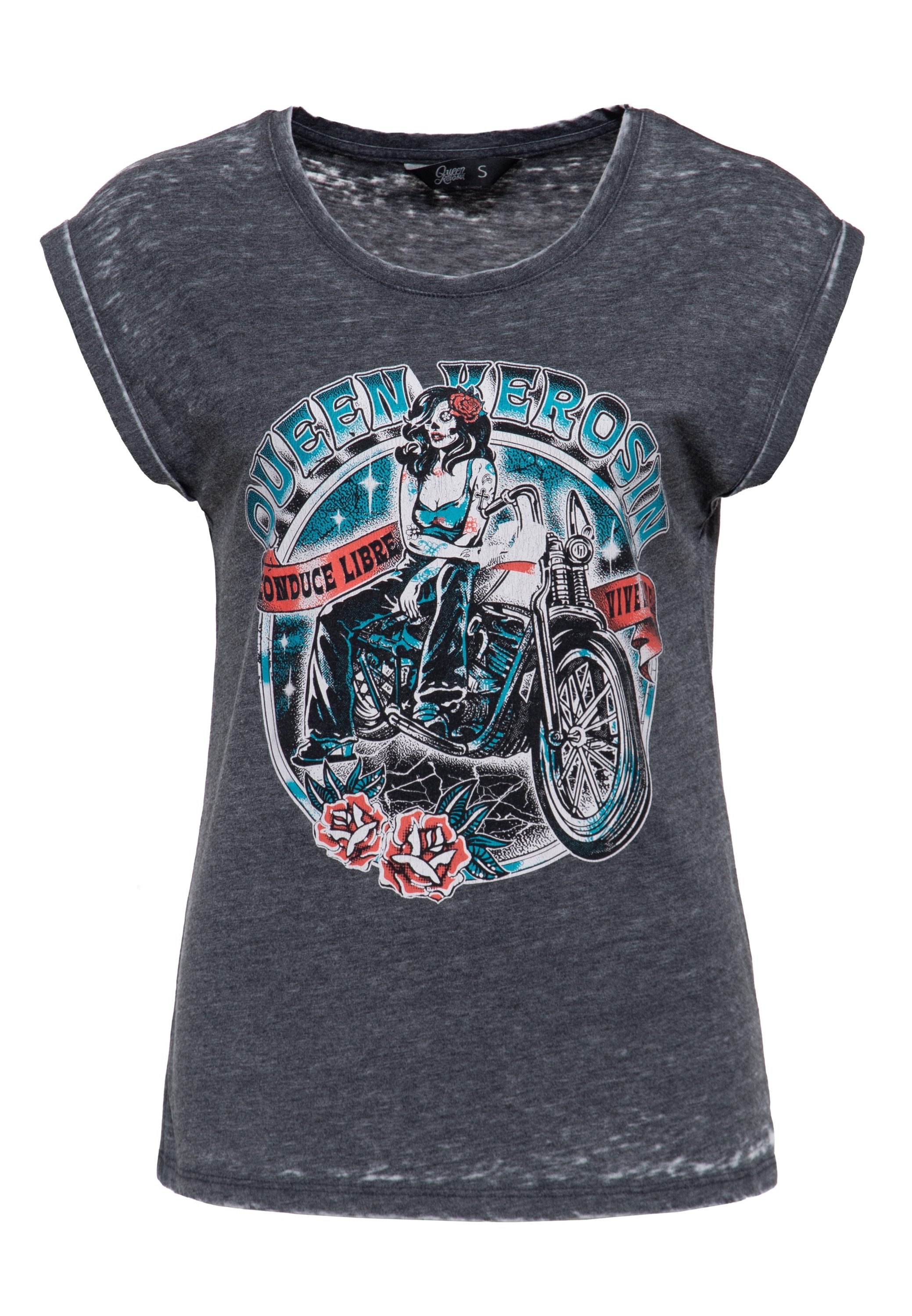 QueenKerosin Print-Shirt Conduce Libre, Vive Libre im Día-de-los-Muertos-Style