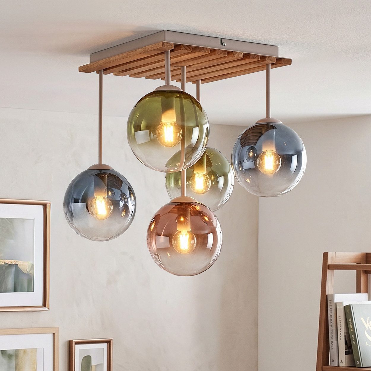 hofstein Deckenleuchte Deckenlampe aus Metall/Holz/Glas in Blau/Grün/Kupferfarben/Klar, moderne Deckenleuchte im Retro/Vintage/Boho-Design, 5 x E14