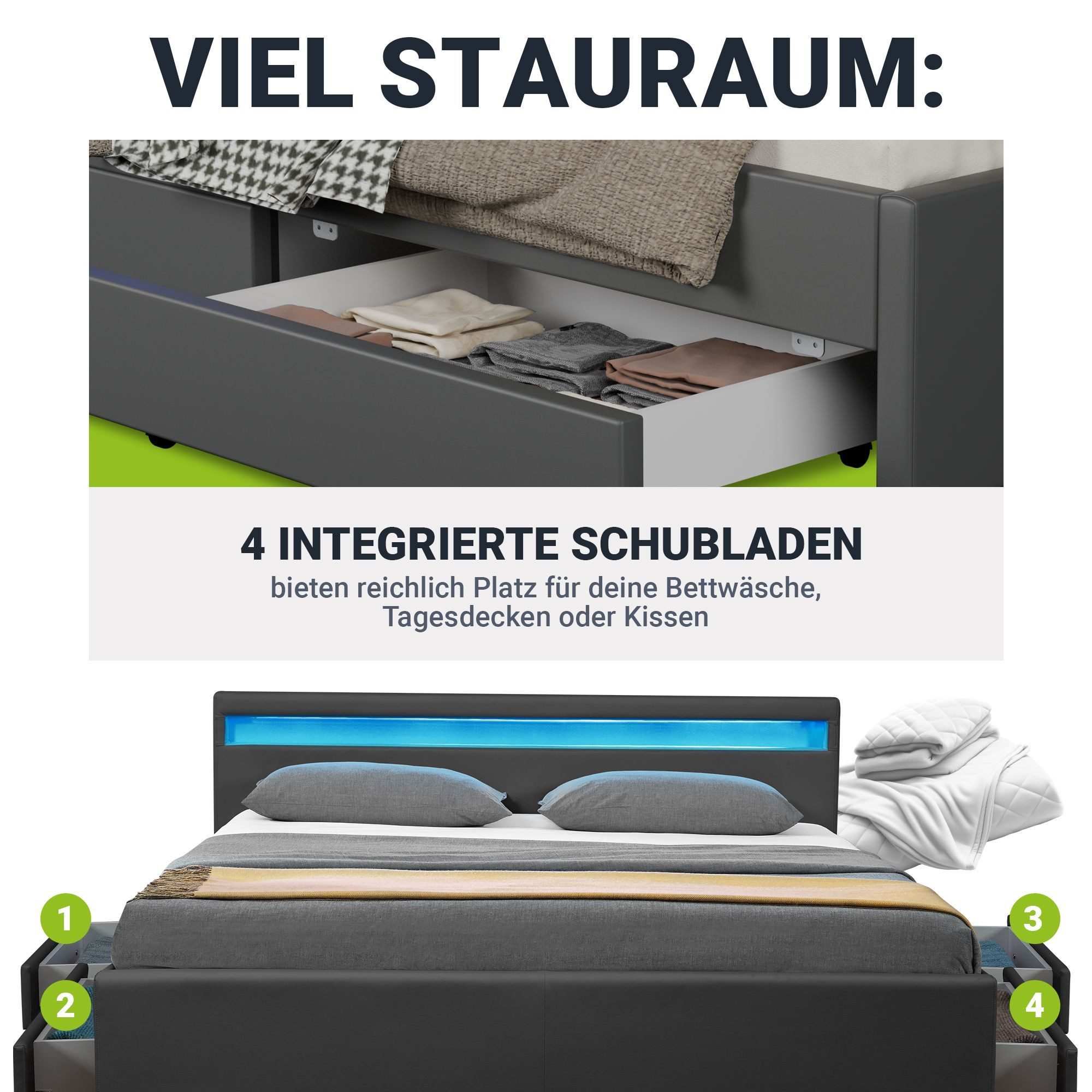 Juskys Polsterbett Lyon mit Matratze, 140x200 cm, ausziehbare Bettkästen, L günstig online kaufen