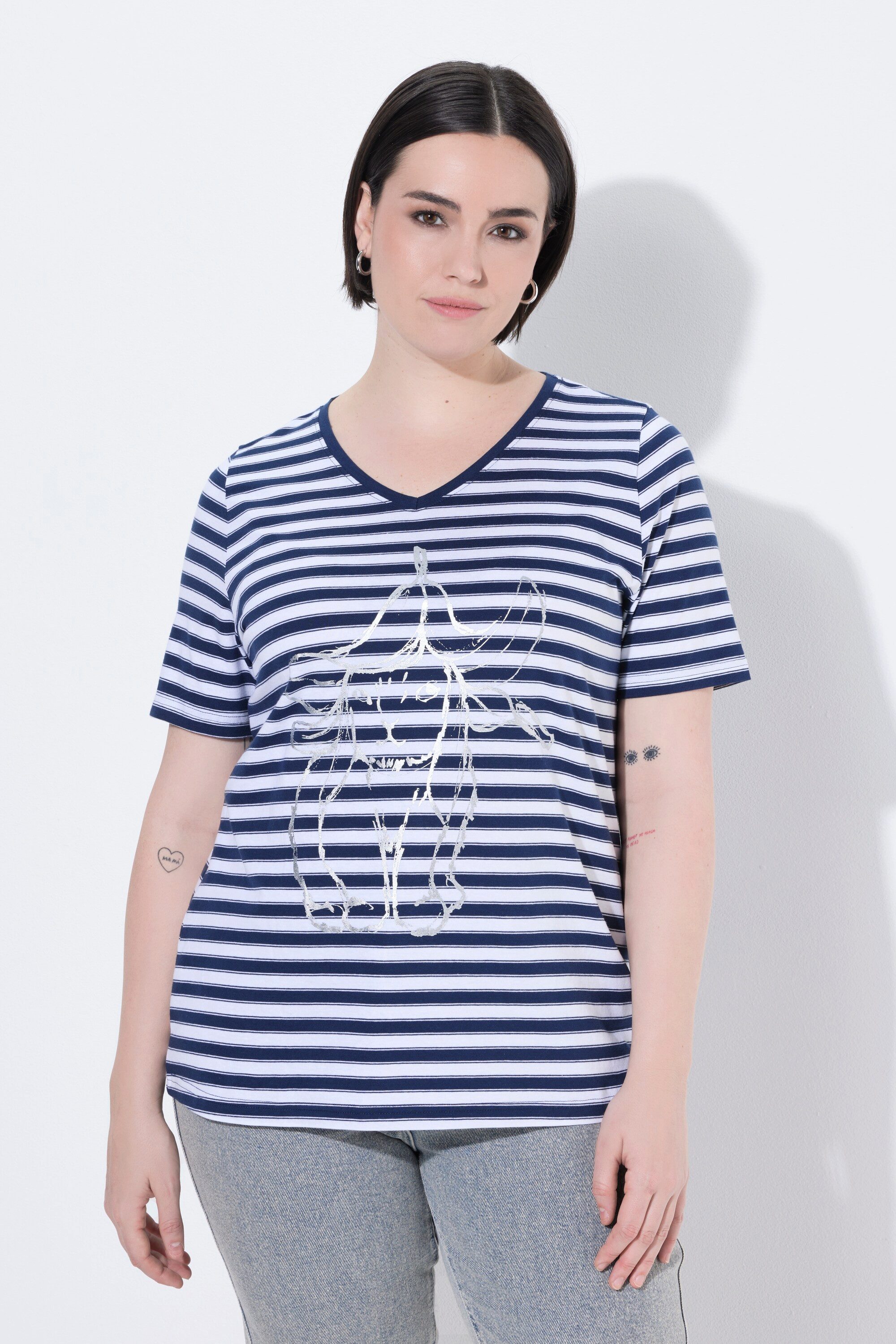 T-Shirt Shirt Ringel Metallic-Motiv V-Ausschnitt Halbarm
