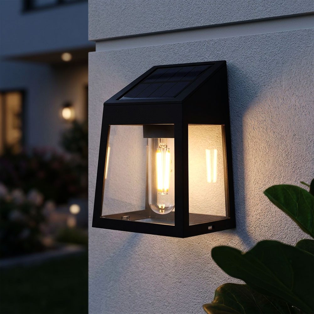 Harms Import LED Solarleuchte, LED-Leuchtmittel fest verbaut, Warmweiß, LED Außen Solar-Wandleuchte schwarz Fassadenleuchte Laterne warmweiß
