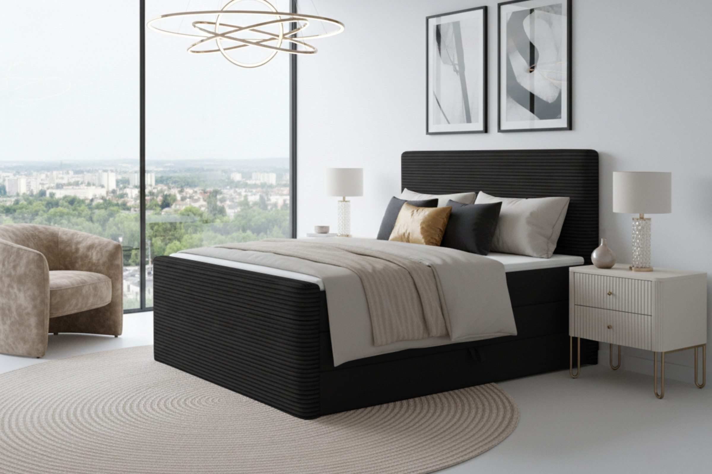 Deine Möbel 24 Boxspringbett OLA Echtes Boxspringbett Polsterbett Komplettbett inkl. Topper (Set Velours Cord-Stoff PREMIUM, 4-St., 2 Bonellfederkernmatratzen H3 + 1 Taschenfederkenmatratze H3), 140x200 160x200 180x200 180x200 200x200 inkl. Bettkasten