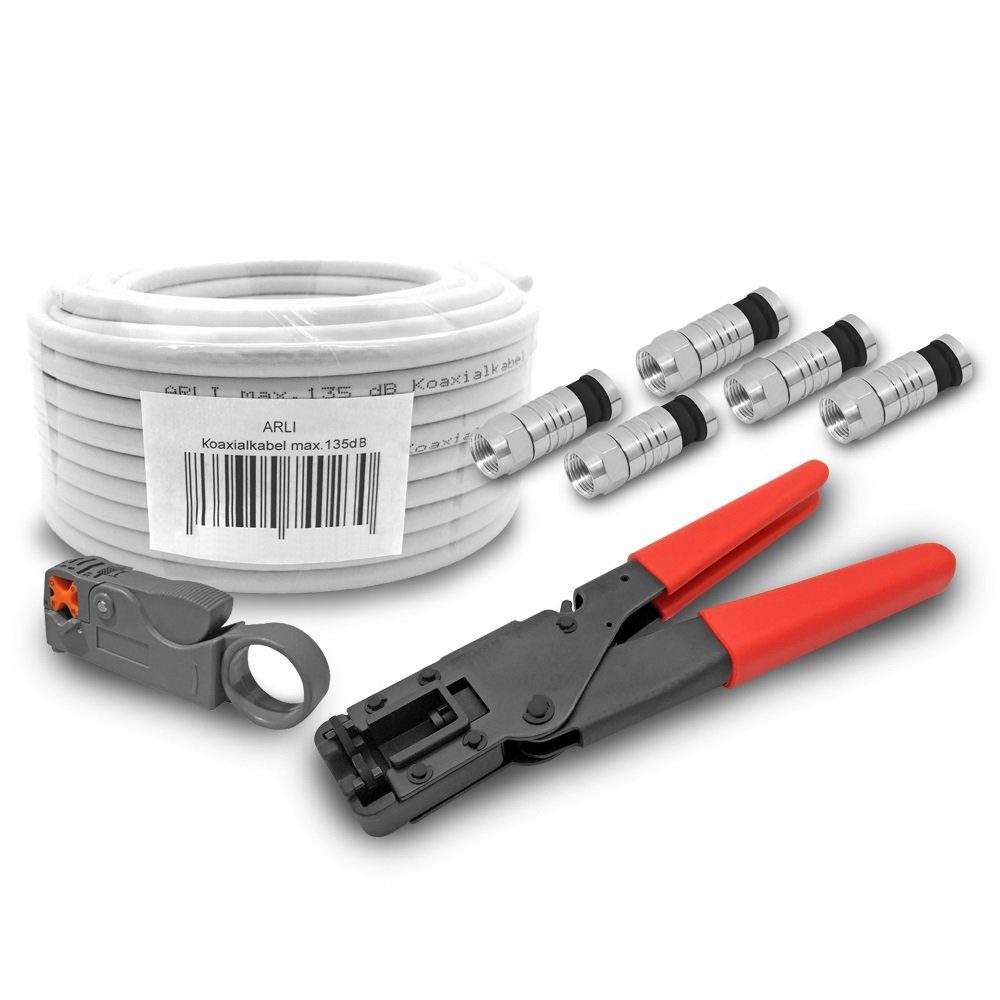 ARLI 50m Koaxialkabel + Kompressionszange + Abisolierer + 10x Stecker Installationskabel, F Kompressionsstecker, Sat (5000 cm), Kompressionsstecker 7-7,5 mm Satkabel TV Antennenkabel 4K Zange