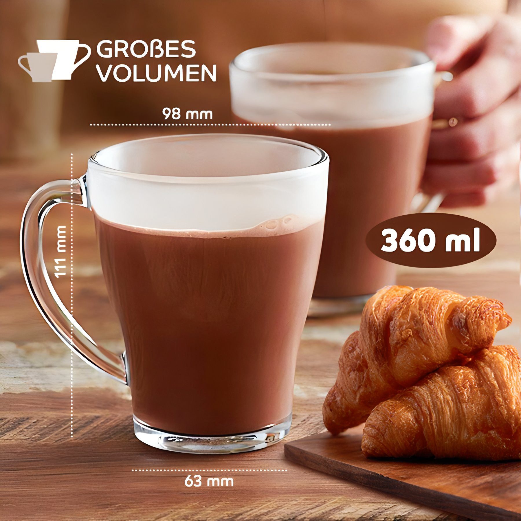 KONZEPT Teeglas mit Henkel XL Set 360 ml Kaffeegläser Transparent Glühweingläser, 4-tlg., Set 4/6 tlg. für Heiße Getränke, spülmaschinenfest