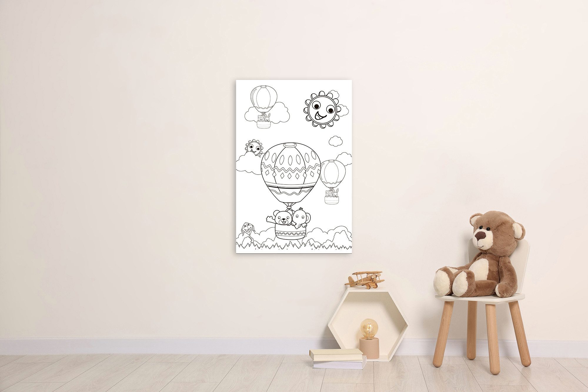 queence Bild Ballonfahrt mit Bär und Elefant, Ballonfahren, Berge, Bär, Bären, Elefant, Elefanten, Figuren, Mädchen, Märchenbilder, klassische Fantasie (1 St), DIY Wandbild aus Dibond