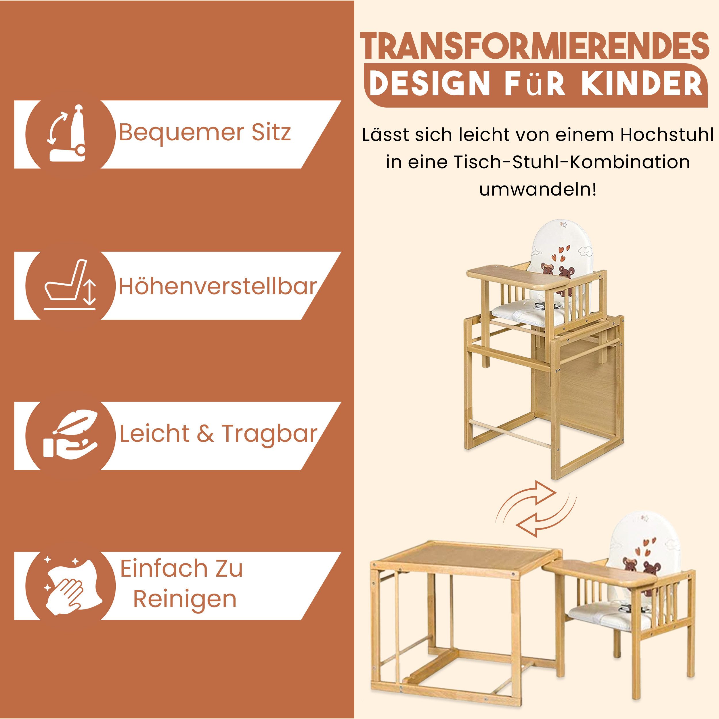 Best for Kids Holzstuhl Victoria 2-in-1 Holzstuhl & Tisch – Höhenverstellbar & Sicher, leicht umbaubar zur Stuhl-Tisch-Kombination
