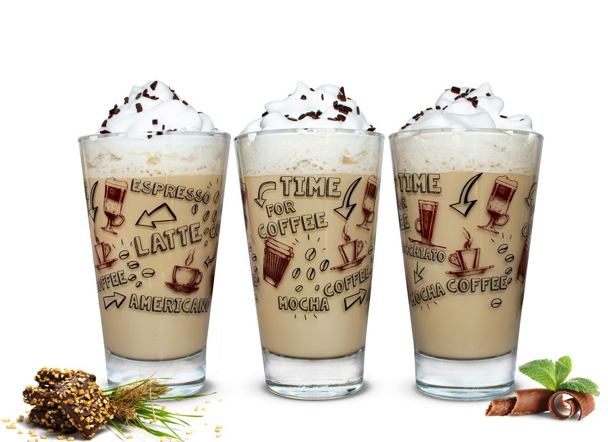 Sendez Latte-Macchiato-Glas 6 Latte Macchiato Gläser 310ml Kaffeegläser Teegläser, Aufdruck-Bunt