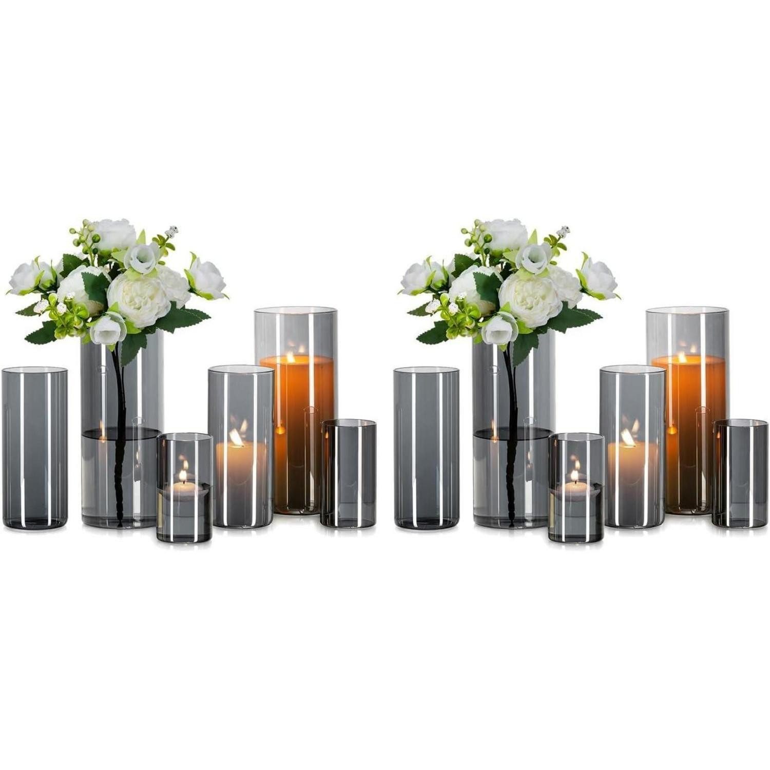 LuxusKollektion Tischvase Graue Glasvase Zylinder Rund 12er Set für Tischdeko Vasen Tulpen