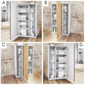 Vladon Standvitrine Davos (Standvitrine, mit 3 Glasböden und 8 Fächer inkl. LED) Weiß matt/Beton Oxid Optik (71,5 x 134 x 35 cm)