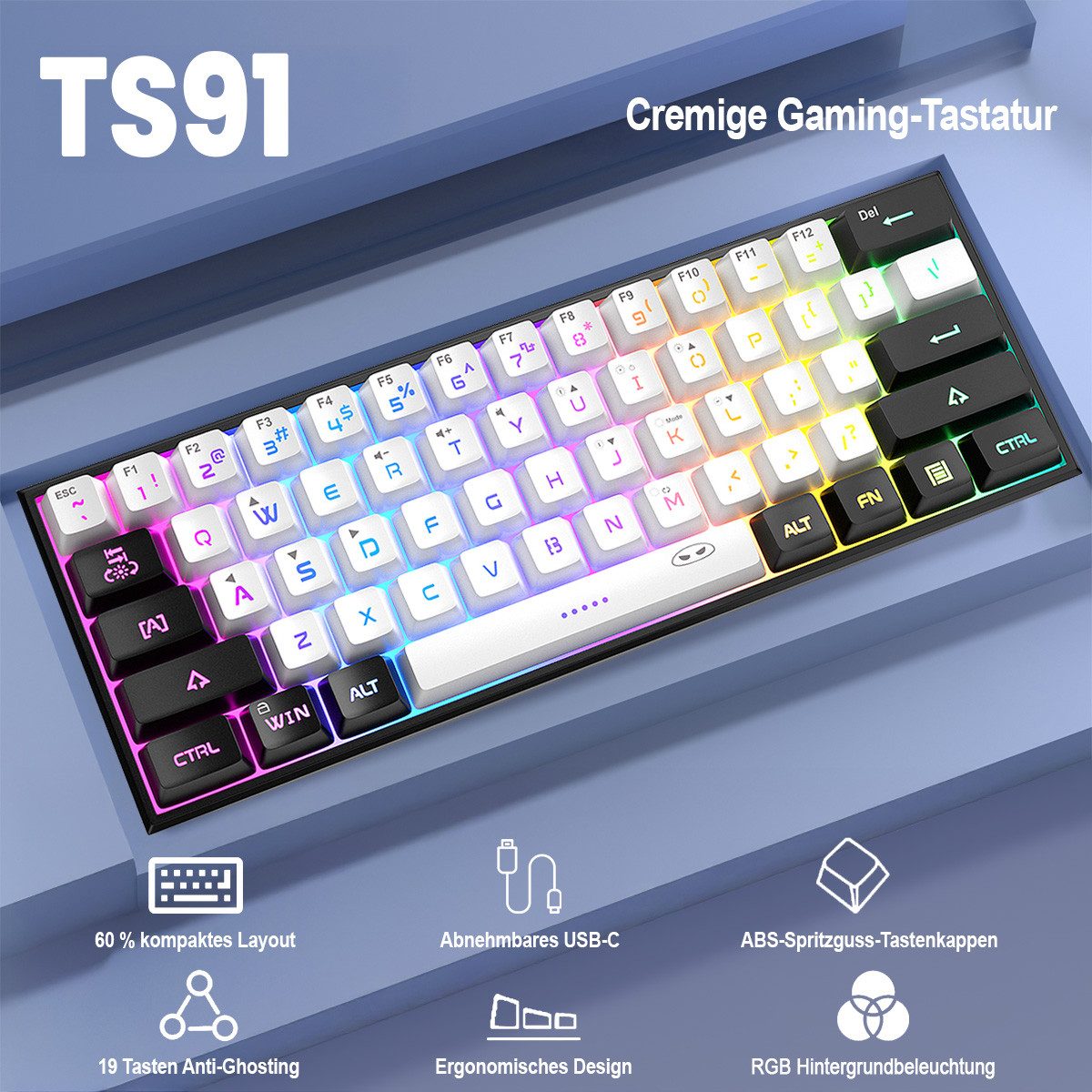 Novzep Gaming Tastatur, 61 Tasten Mechanische/Membran Tastatur 60% Tastatur Gaming-Tastatur (kompakt Plug & Play ergonomisch, USB Kabel RGB Beleuchtung)