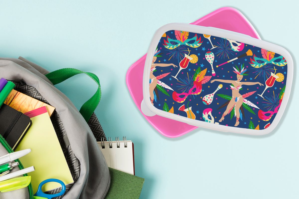rosa Kunststoff - Lunchbox Brasilien Brotbox Muster, Kunststoff, - für (2-tlg), Brotdose Karneval MuchoWow Mädchen, Kinder, Erwachsene, Snackbox,