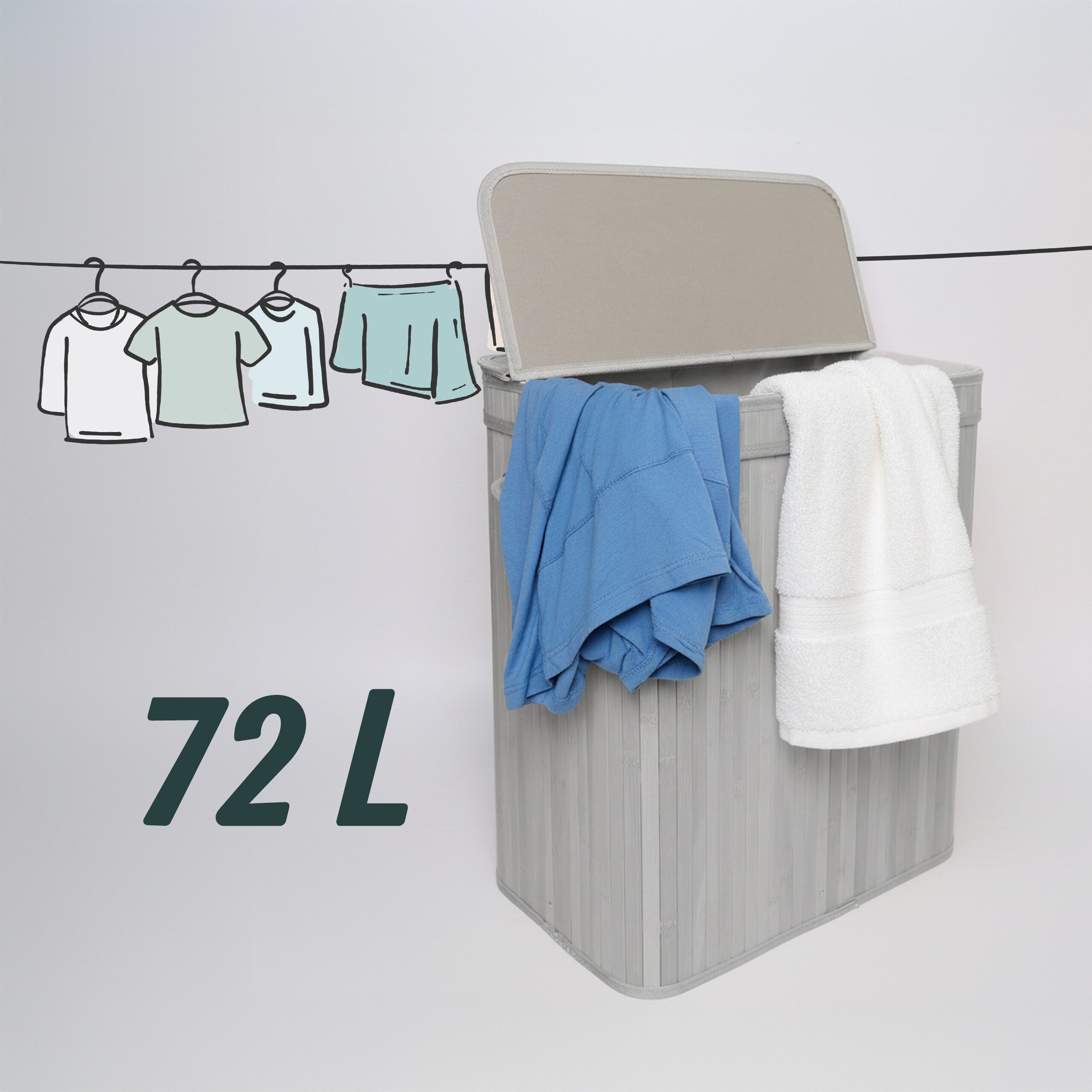 relaxdays Wäschekorb Bambus Wäschekorb mit Deckel (1 St), grau, 72 L – Bild 5 von 5