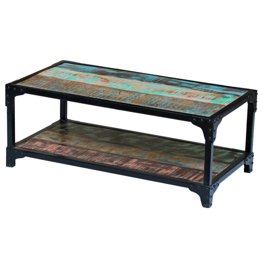 furnicato Couchtisch 90x45x35 cm Mehrfarbig aus massivem Altholz und (1-St), Handgefertigter Wohnzimmertisch mit Ablage im rustikalen Retro-Stil