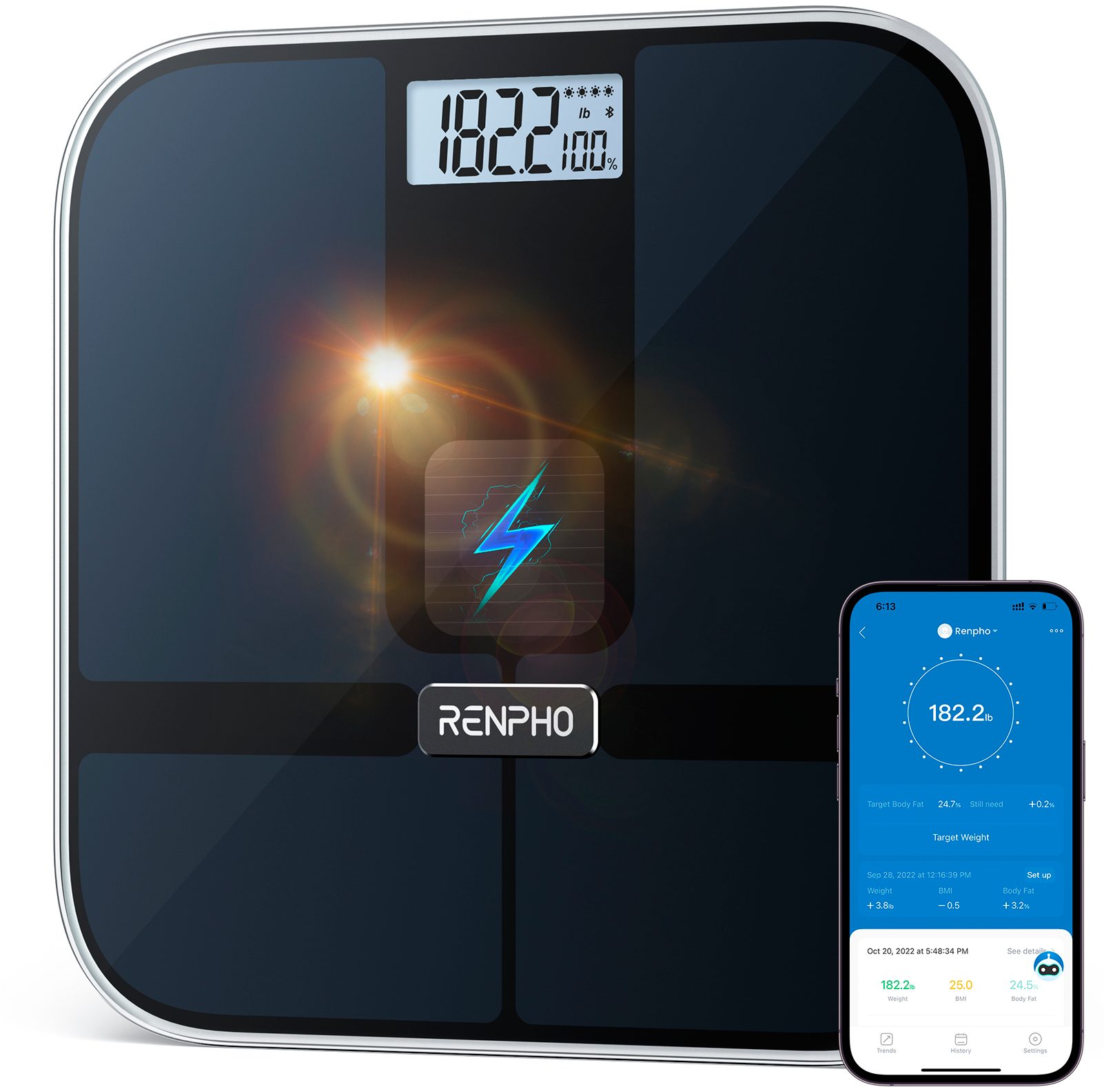RENPHO Körper-Analyse-Waage Elis Solar 2 Smart Body Scale A020, Smarte Solar-Körperanalysewaage mit 13 Körpermessungen