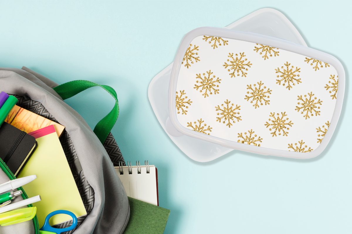 Jungs Mädchen und Glitter Brotbox Weihnachten Brotdose, Gold Kinder Kunststoff, - Erwachsene, MuchoWow für - weiß und Lunchbox Schneeflocke - Design, - (2-tlg), für