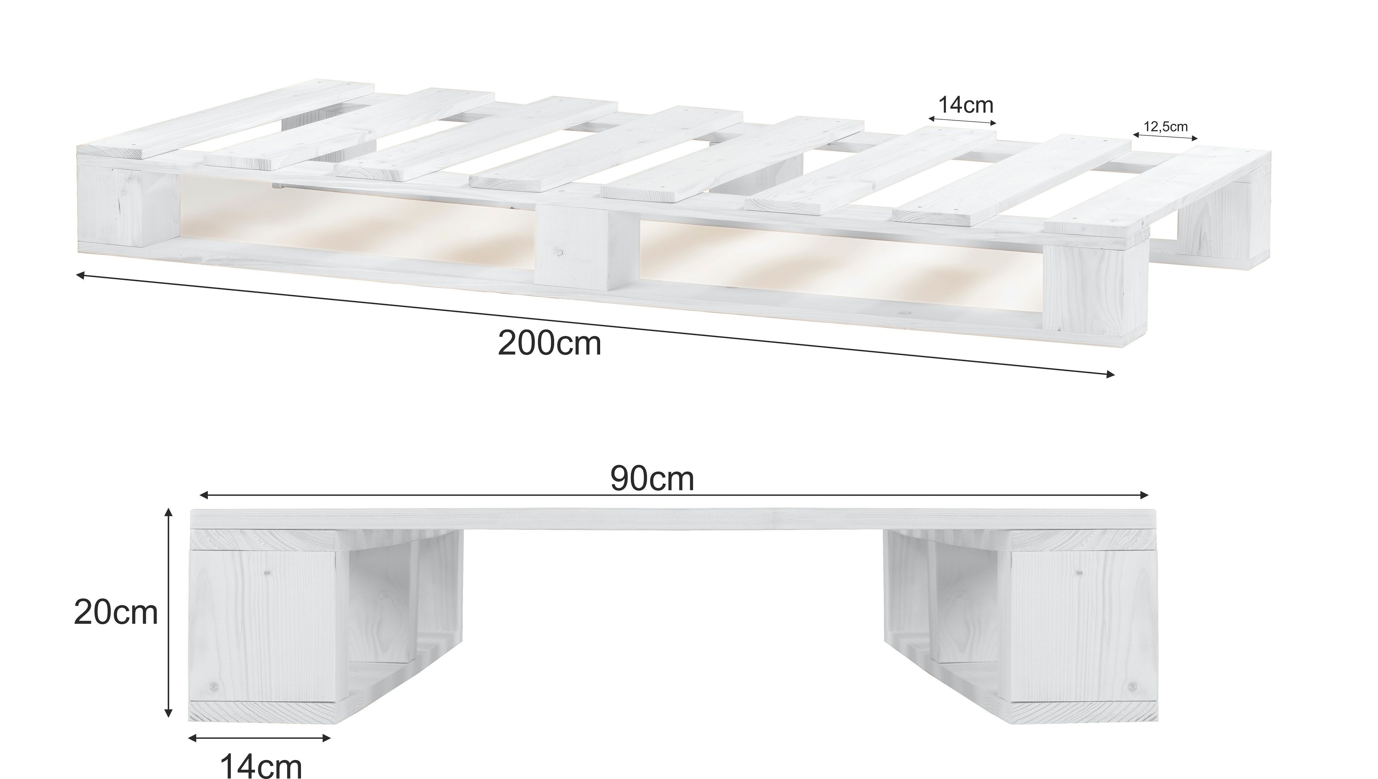 200 weiß Palettenbett sunnypillow 140 cm 90x200 220 Massivholzbett 80 200 100 160 180 240 cm, 90 x 120