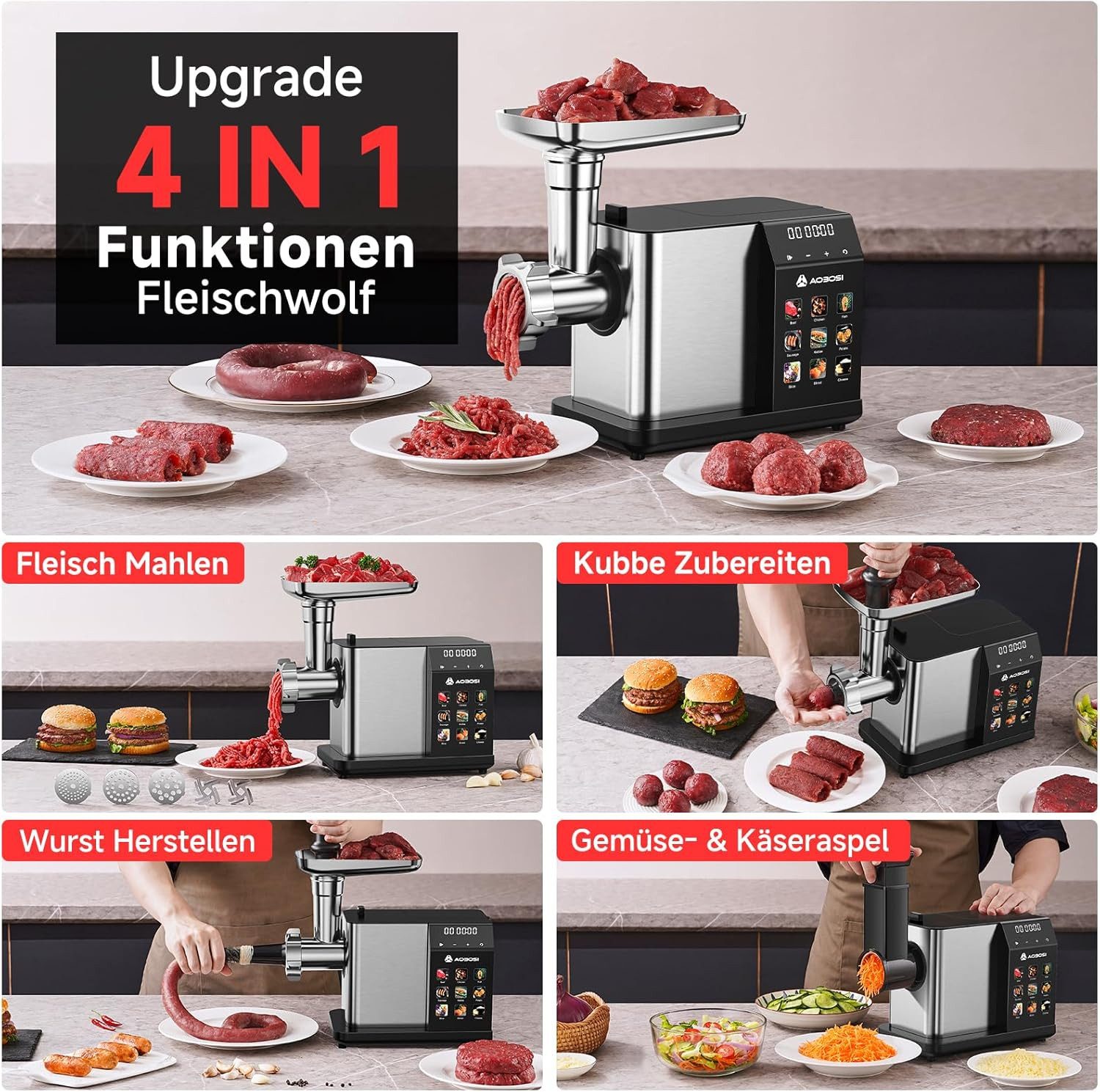 AMZCHEF Fleischwolf CE-AZ-MG10OT2C-SV, 3000 W, 3000W mit LED-Anzeige, 9 Geschwindigkeitsstufen