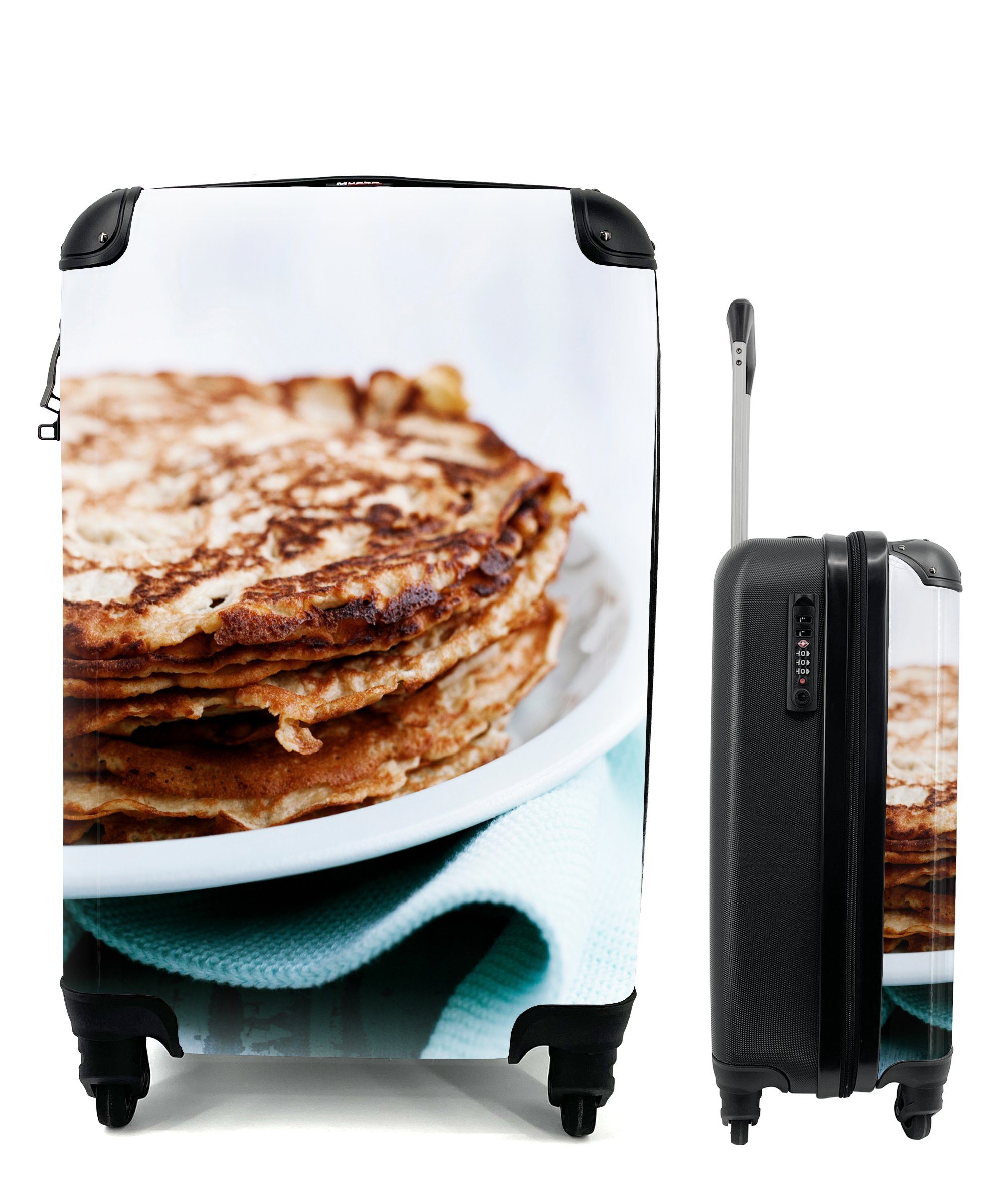 MuchoWow Handgepäckkoffer Leckere braune Pfannkuchen auf einem weißen Teller, 4 Rollen, Reisetasche mit rollen, Handgepäck für Ferien, Trolley, Reisekoffer