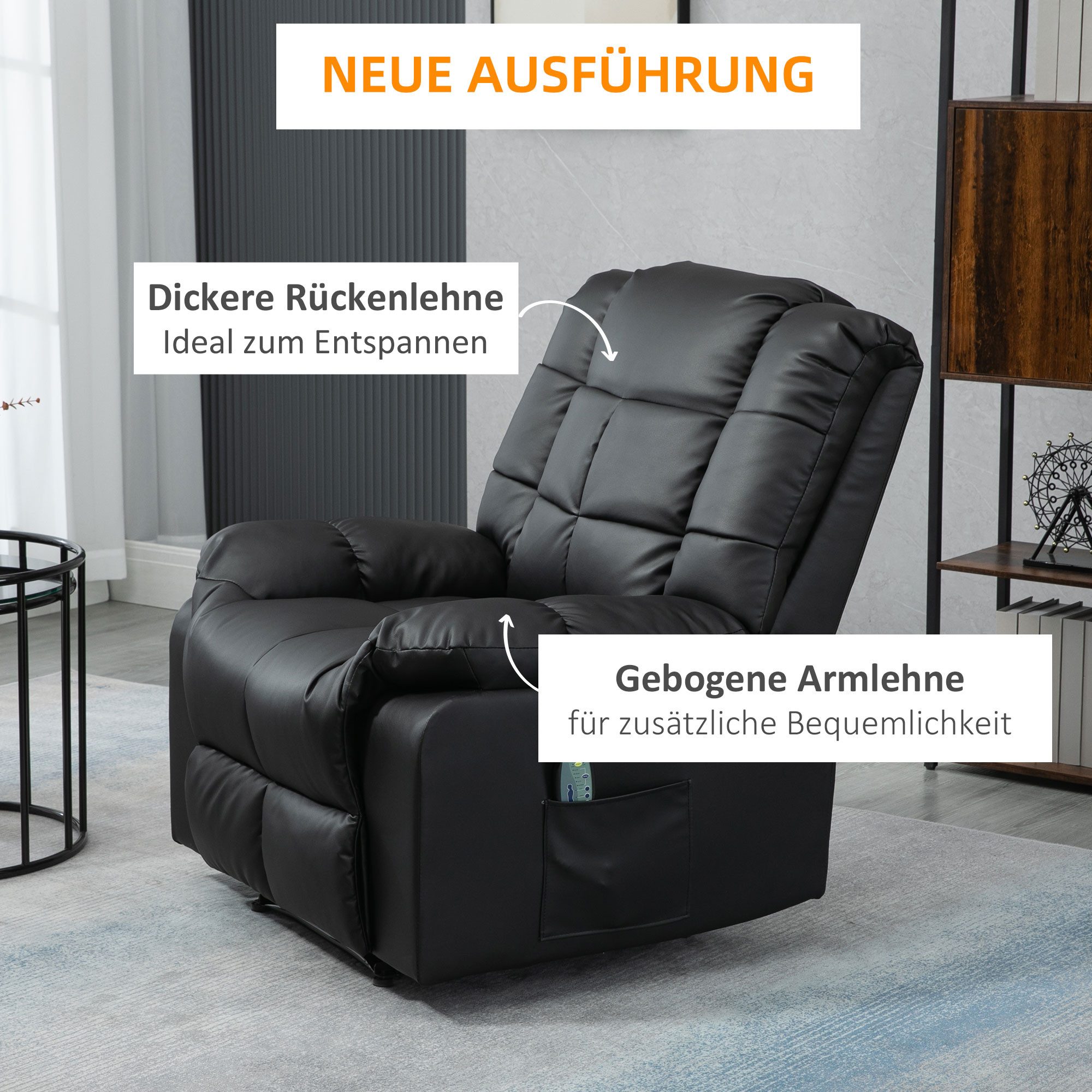 HOMCOM Massagesessel TV Sessel Liegesessel mit Liegefunktion Vibration (Relaxsessel, 1-St., Fernsehsessel), für Wohnbereich, Schwarz – Bild 5 von 5