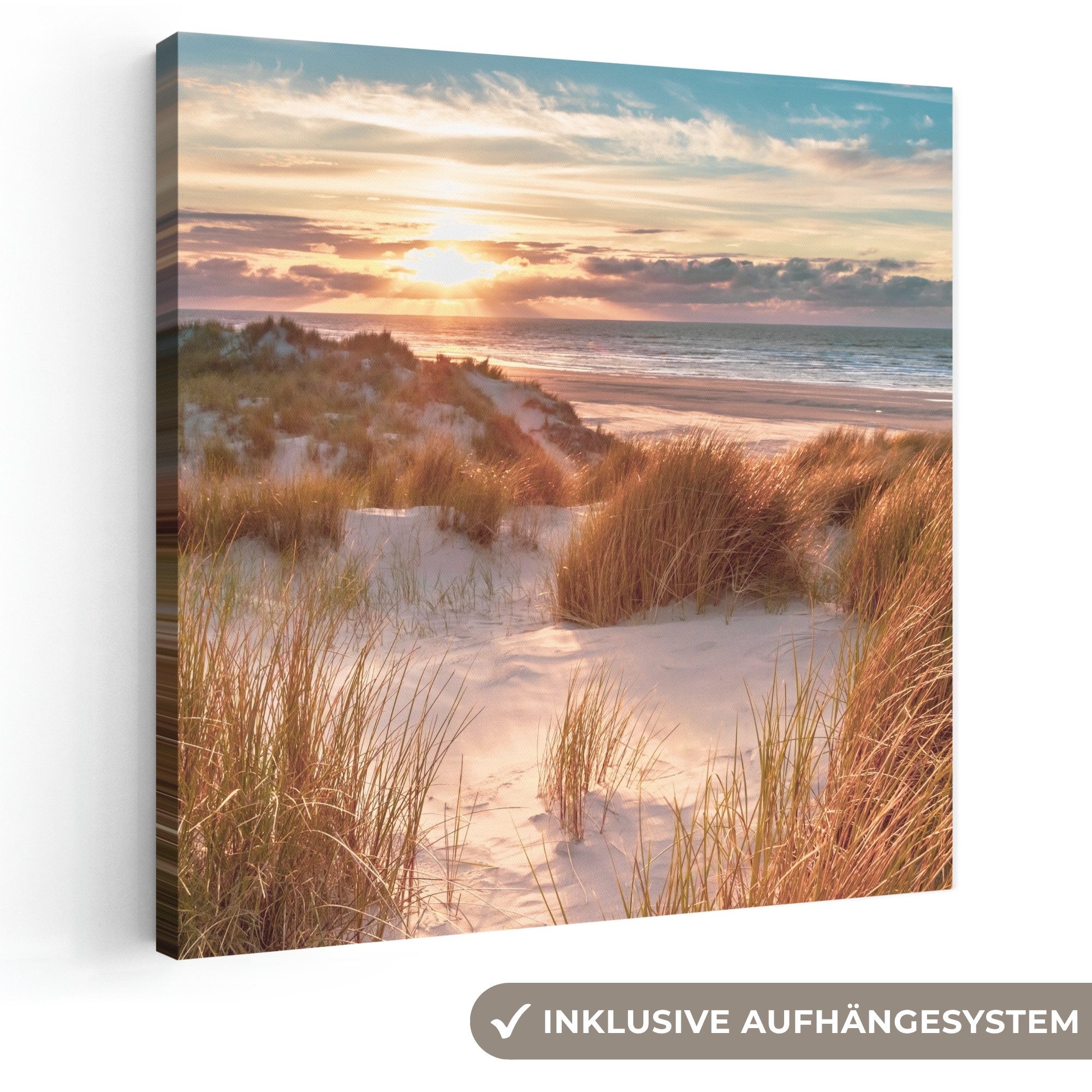 OneMillionCanvasses® Leinwandbild Düne - Pflanzen - Sonnenuntergang - Strand - Meer, Fotodruck (1 St), Wandbild, Deko Schlafzimmer Wohnzimmer Flur 20x20 cm