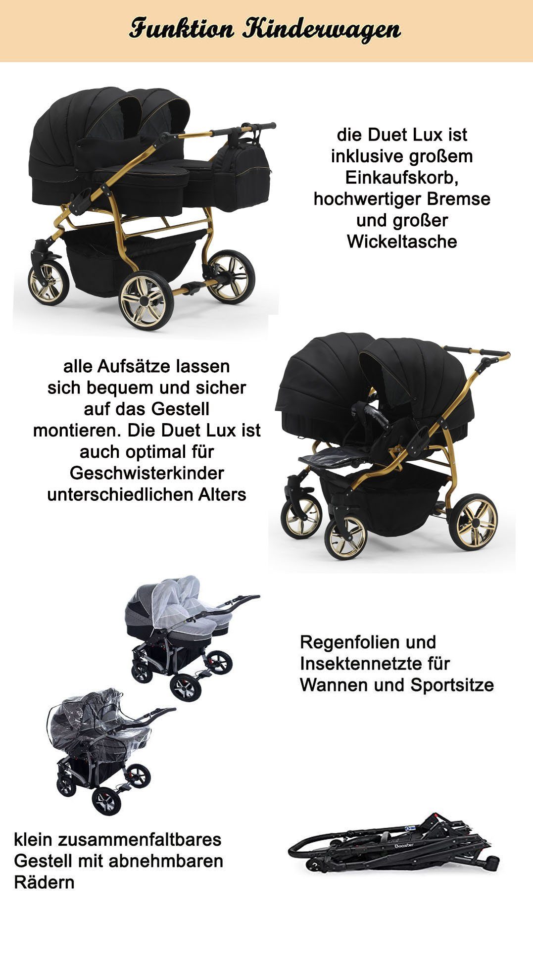 babies-on-wheels Zwillingswagen Zwillingswagen Duet Lux - Teile 33 - 4 in Grau-Schwarz 15 Gold Farben in 1