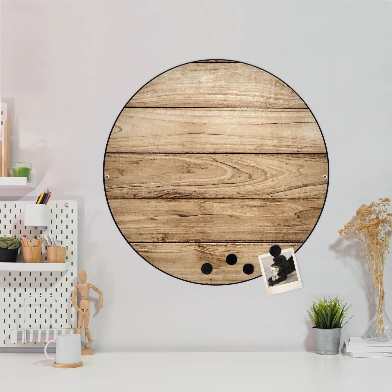 banjado Magnettafel Stahl Rund Holzplanken, (inkl. 4 Magnete, Runde Stahlmagnettafel)