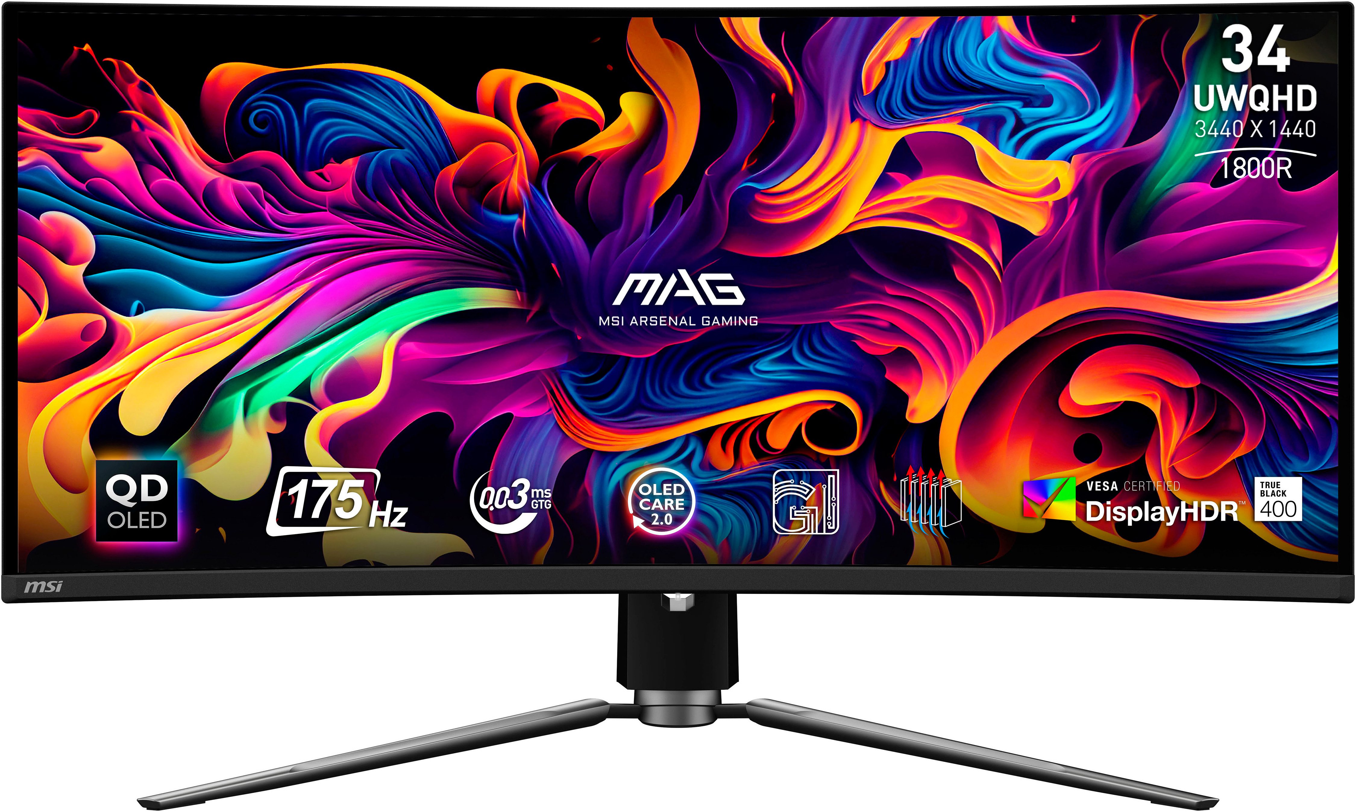 MSI MAG 341CQPDE QD-OLED TFT-Monitor (3440 x 1440 px, UltraWide Quad HD, 0,03 ms Reaktionszeit, 175 Hz, OLED, HDR, Kopfhörerbuchse, Höhenverstellbar)
